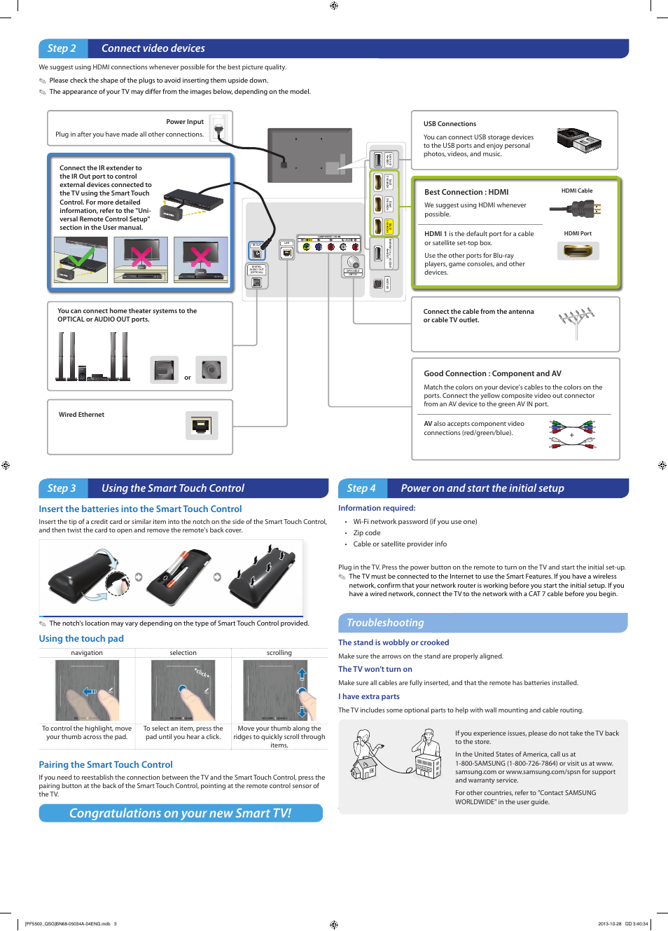 Step 2 connect video devices, Step 3 using the smart touch control, Step 4 power on and start the initial setup | Troubleshooting, Insert the batteries into the smart touch control, Using the touch pad, Pairing the smart touch control | Samsung PN60F5500AFXZA User Manual | Page 2 / 2