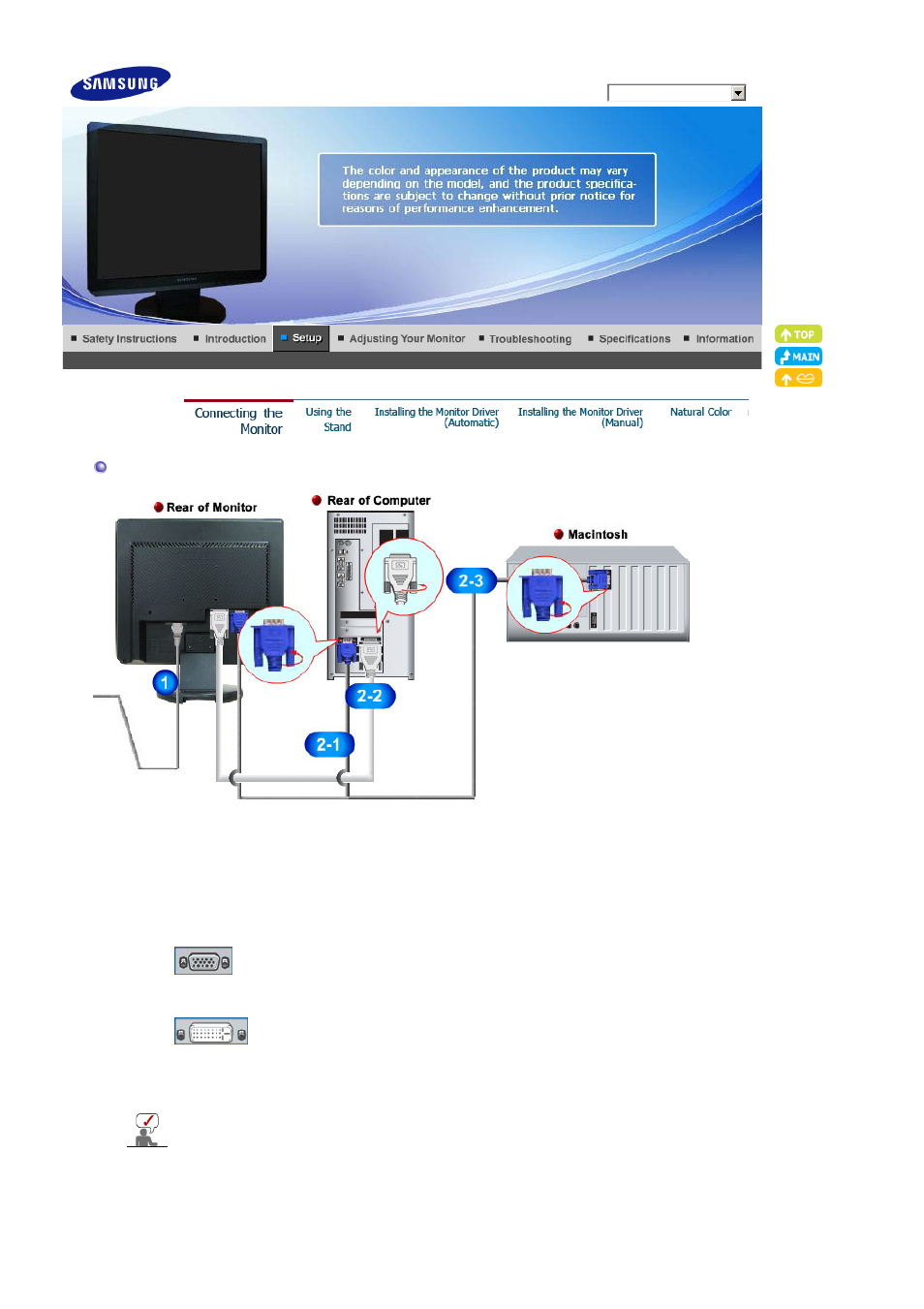 Setup, Connecting the monitor | Samsung LS19WJXSBV-XAA User Manual | Page 14 / 49