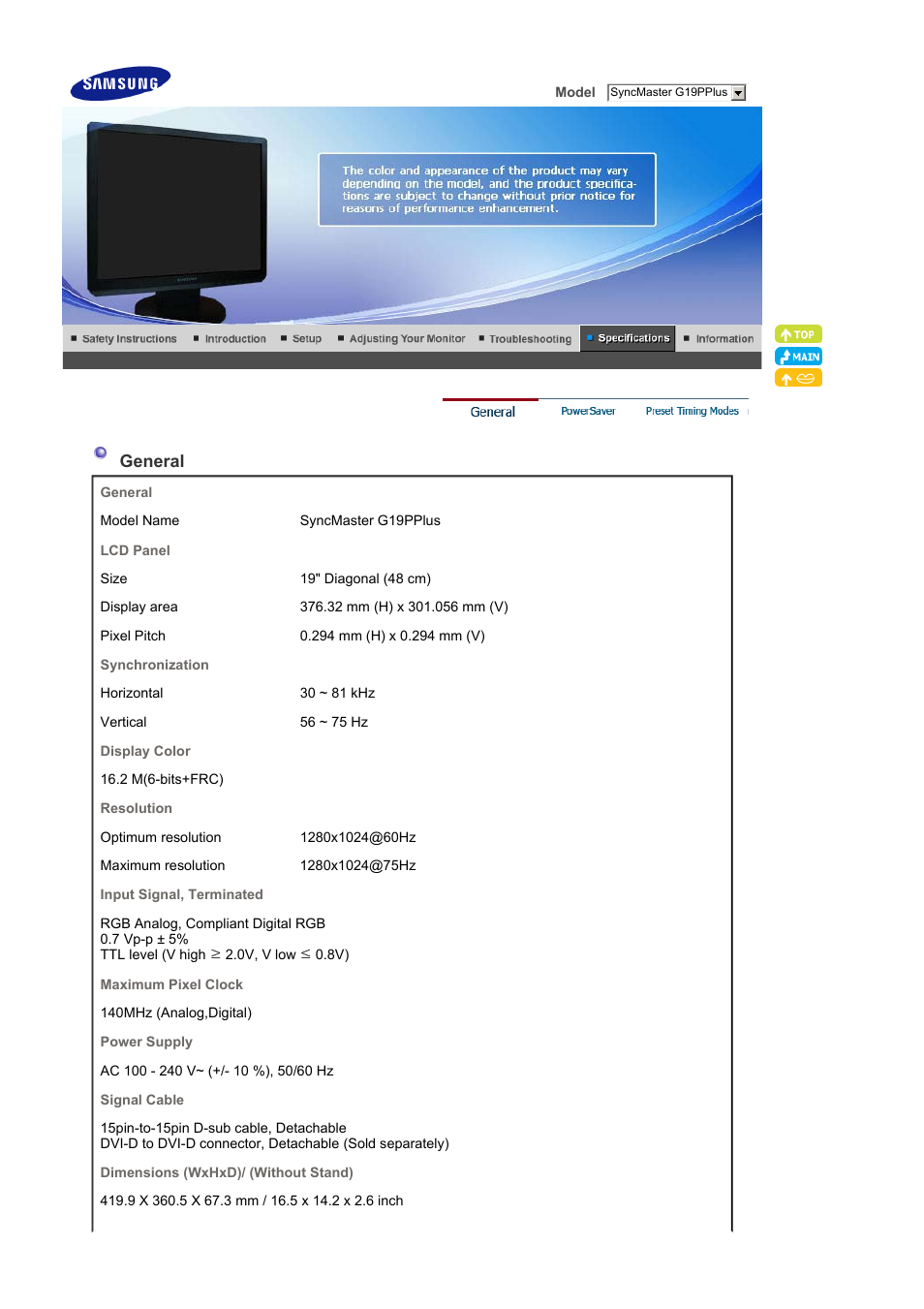 Specifications, General | Samsung LS19WJXSBV-XAA User Manual | Page 40 / 49