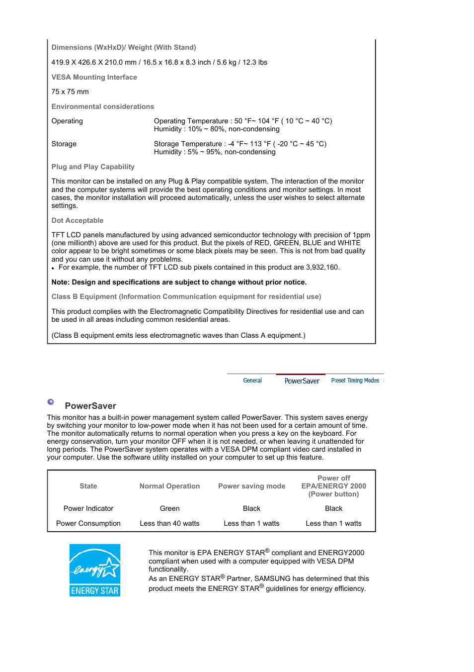 Powersaver | Samsung LS19WJXSBV-XAA User Manual | Page 41 / 49
