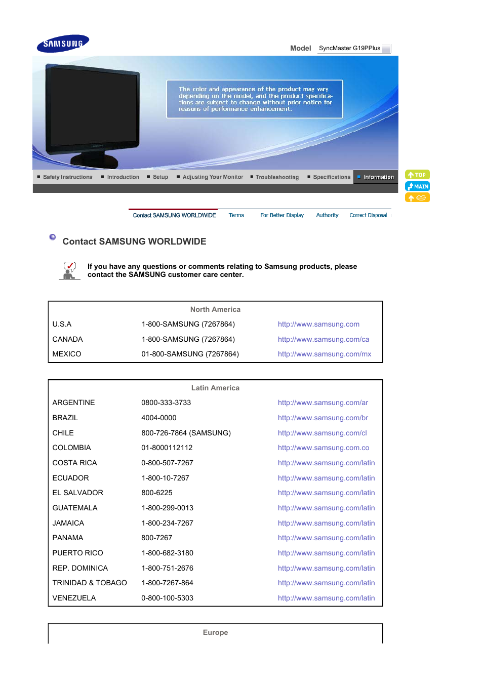 Information, Contact samsung worldwide | Samsung LS19WJXSBV-XAA User Manual | Page 43 / 49
