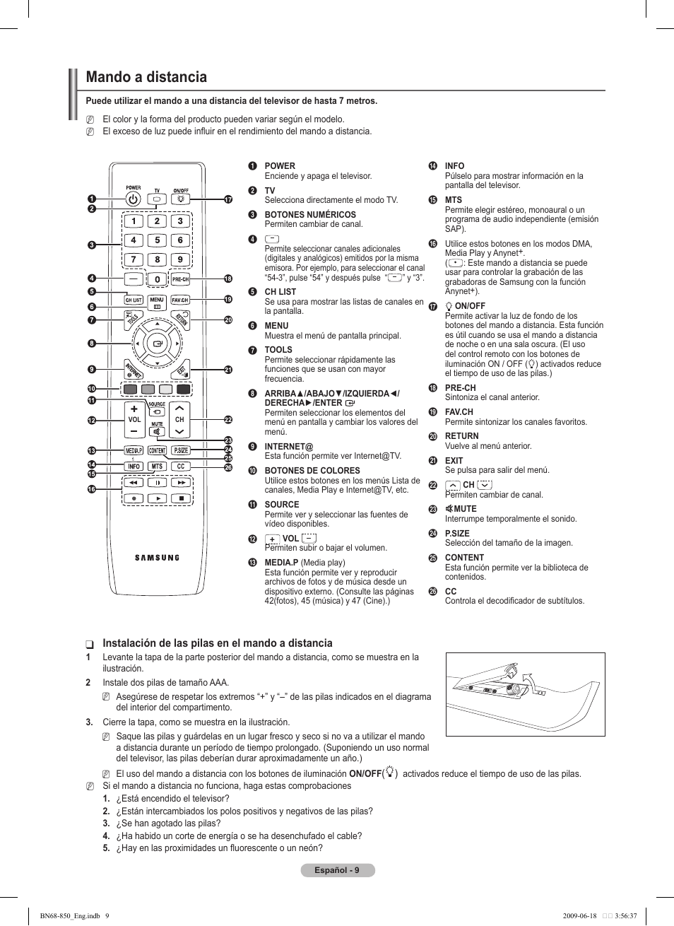 Mando a distancia, Instalación de las pilas en el mando a distancia | Samsung PN50B860Y2FXZA User Manual | Page 109 / 284