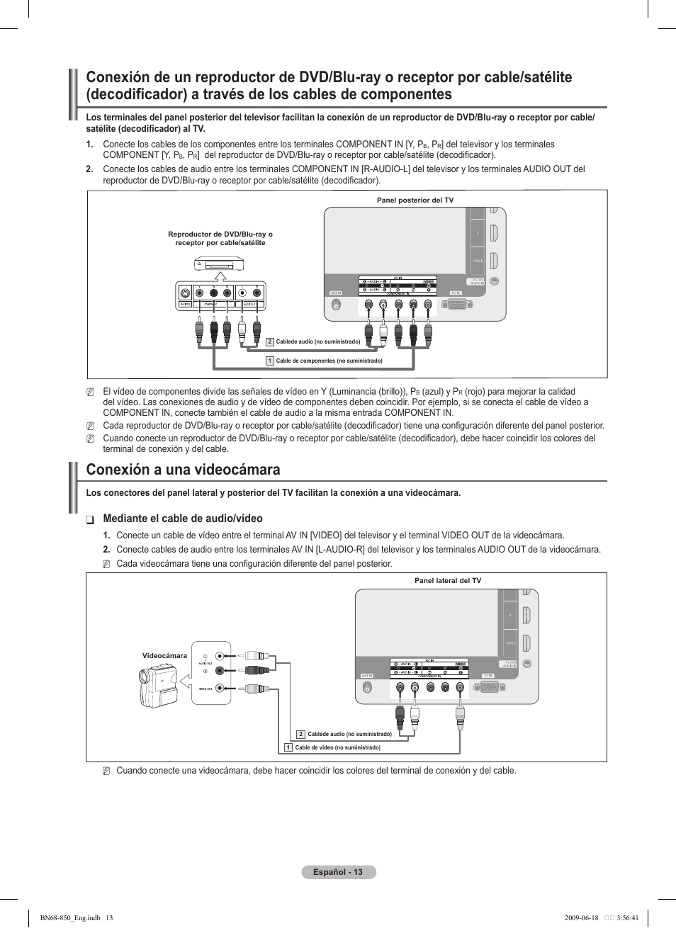 Conexión a una videocámara, Mediante el cable de audio/vídeo | Samsung PN50B860Y2FXZA User Manual | Page 113 / 284