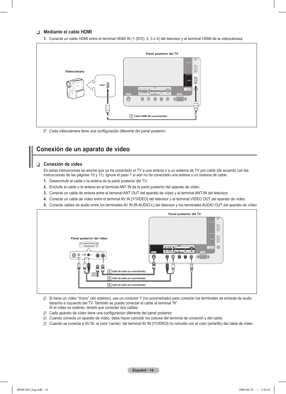 Conexión de un aparato de vídeo, Conexión de vídeo, Mediante el cable hdmi | Samsung PN50B860Y2FXZA User Manual | Page 114 / 284