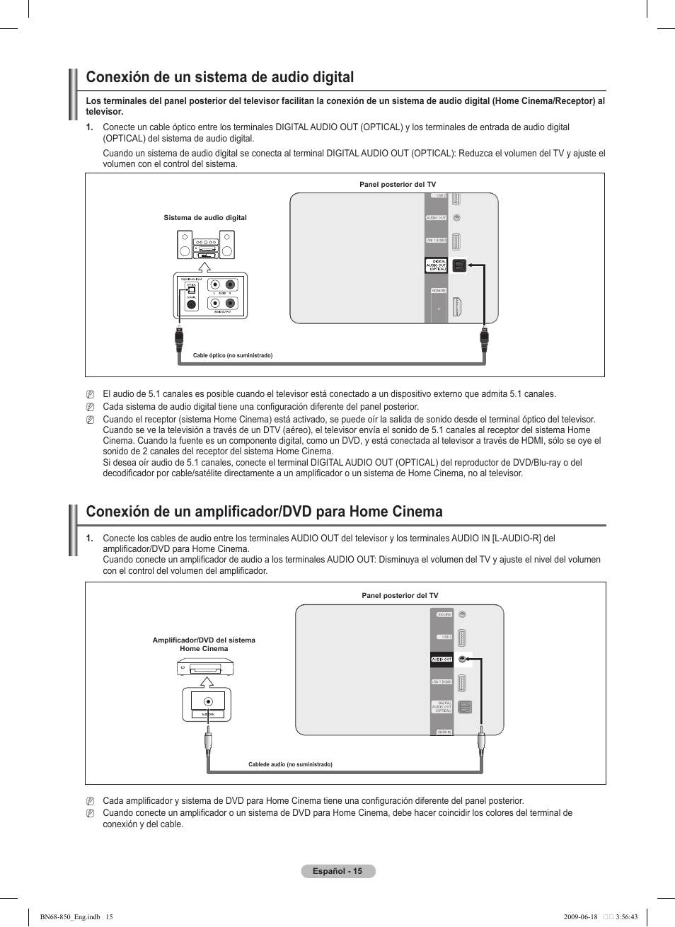 Conexión de un sistema de audio digital, Conexión de un amplificador/dvd para home cinema | Samsung PN50B860Y2FXZA User Manual | Page 115 / 284