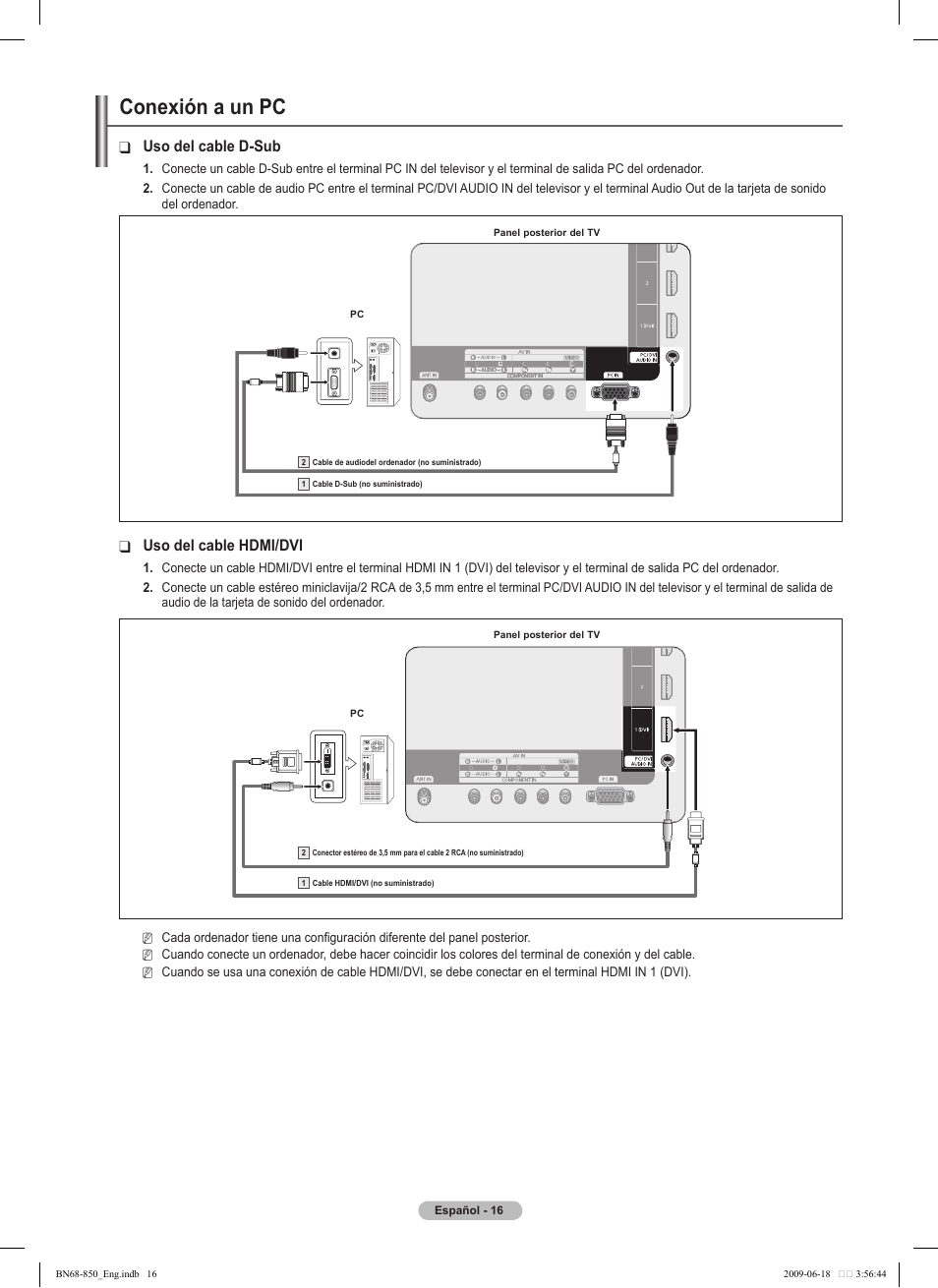 Conexión a un pc, Uso del cable d-sub, Uso del cable hdmi/dvi | Samsung PN50B860Y2FXZA User Manual | Page 116 / 284