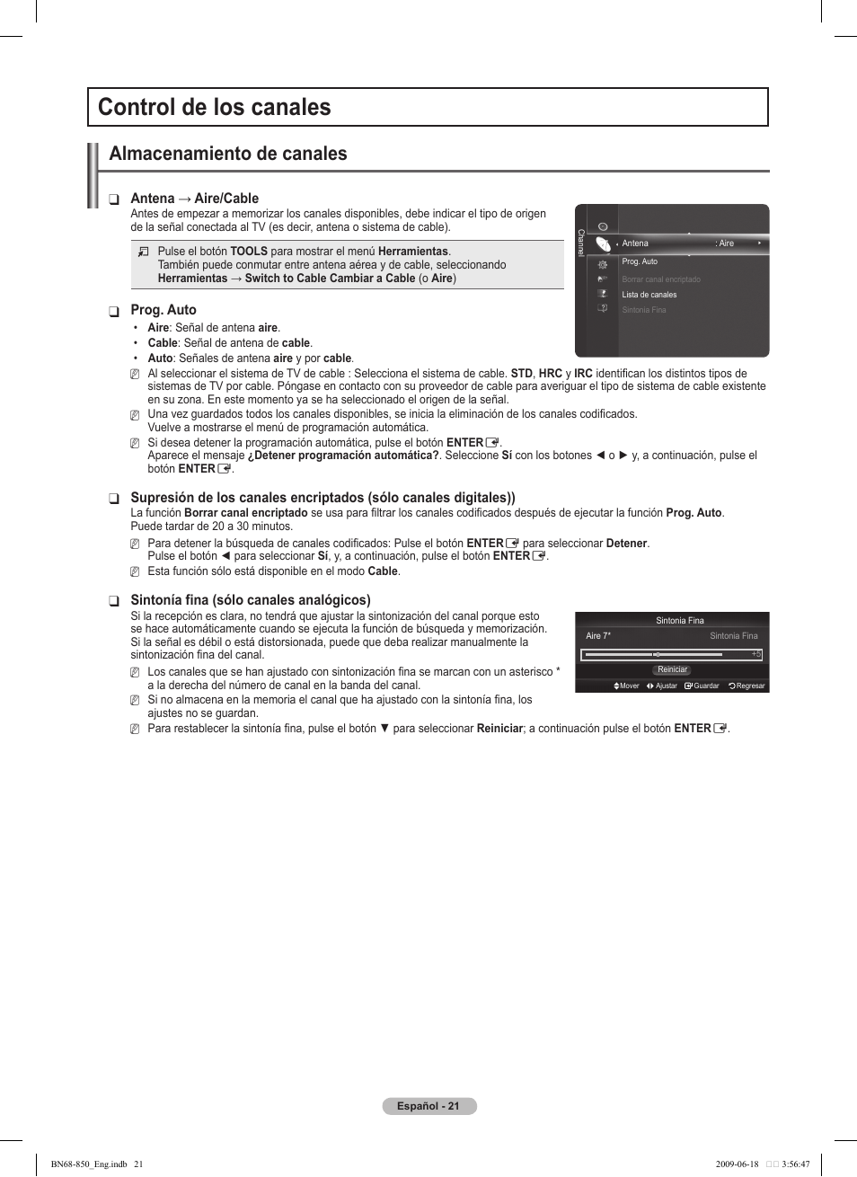 Control de los canales, Almacenamiento de canales, Antena→aire/cable | Prog. auto, Sintonía fina (sólo canales analógicos) | Samsung PN50B860Y2FXZA User Manual | Page 121 / 284