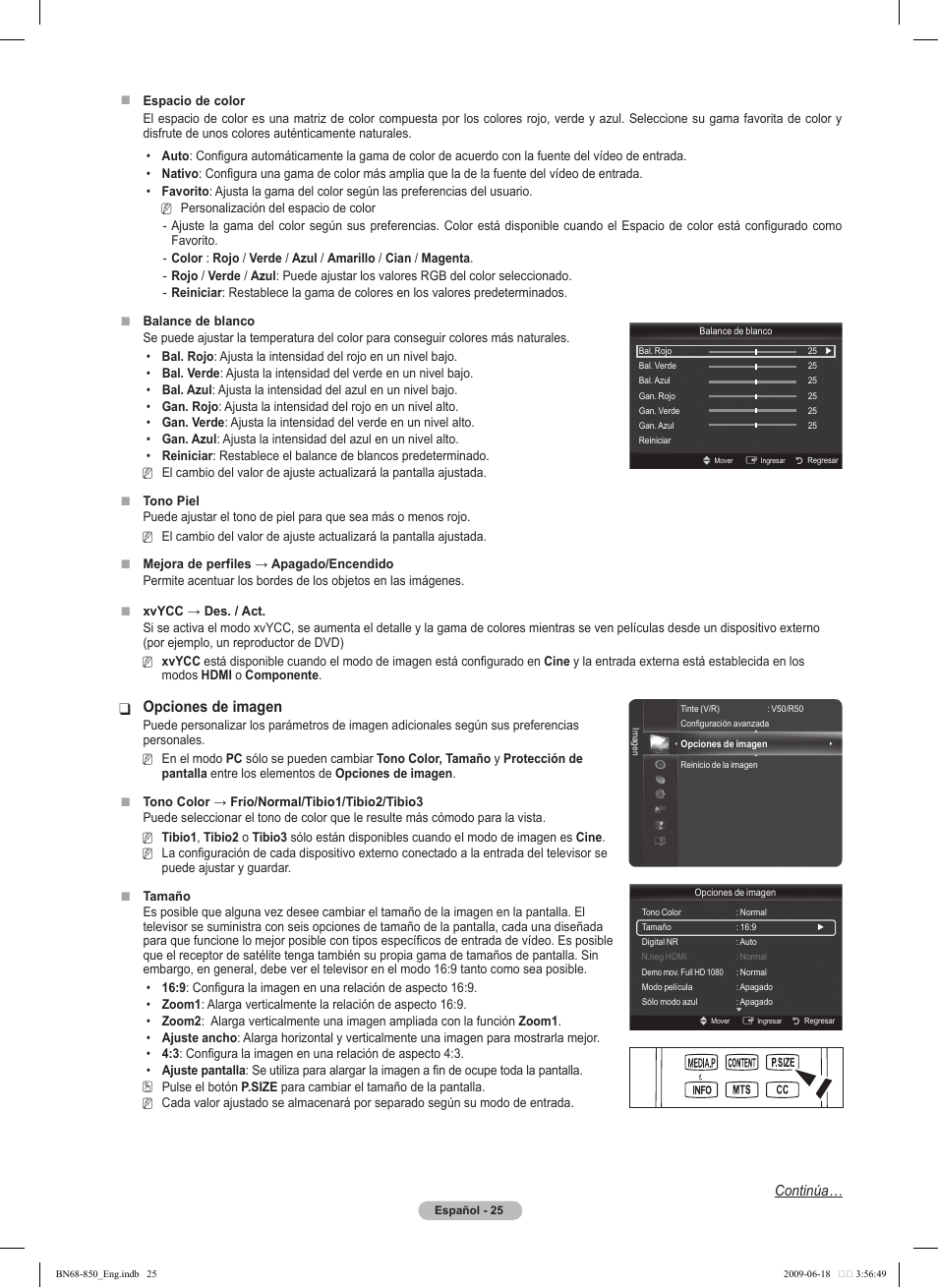 Opciones de imagen, Continúa | Samsung PN50B860Y2FXZA User Manual | Page 125 / 284