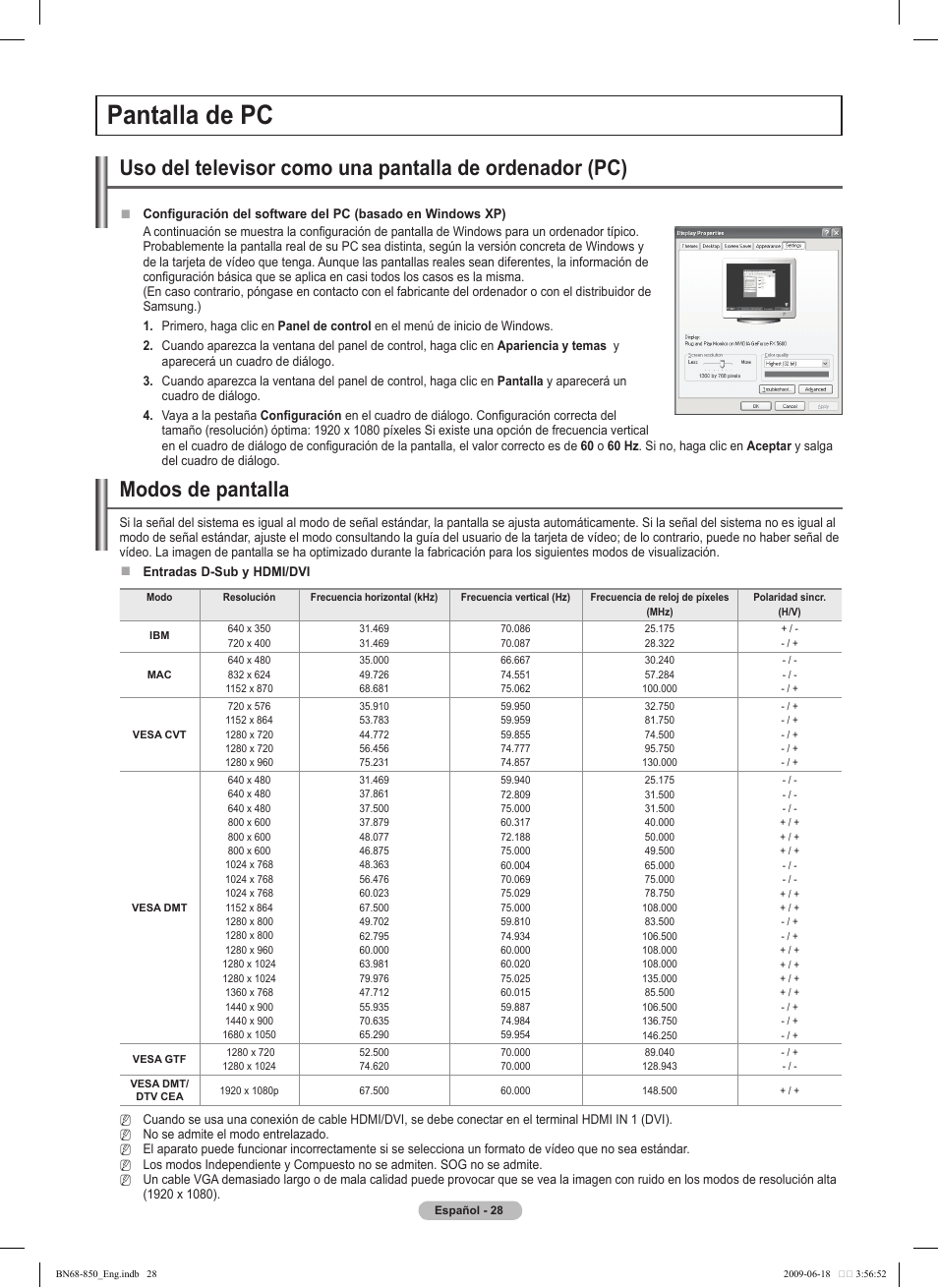 Pantalla de pc, Modos de pantalla | Samsung PN50B860Y2FXZA User Manual | Page 128 / 284