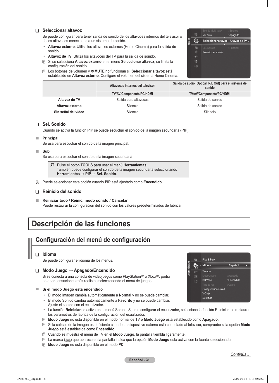 Descripción de las funciones, Configuración del menú de configuración, Idioma | Modo ❑ juego→apagado/encendido, Seleccionar altavoz, Sel. sonido, Reinicio del sonido | Samsung PN50B860Y2FXZA User Manual | Page 131 / 284