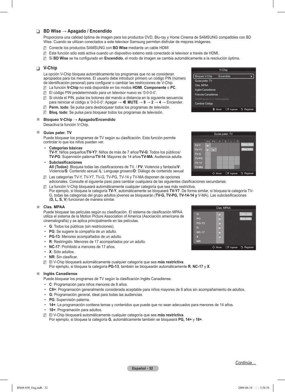 Bdwise→apagado/encendido, V-chip | Samsung PN50B860Y2FXZA User Manual | Page 132 / 284