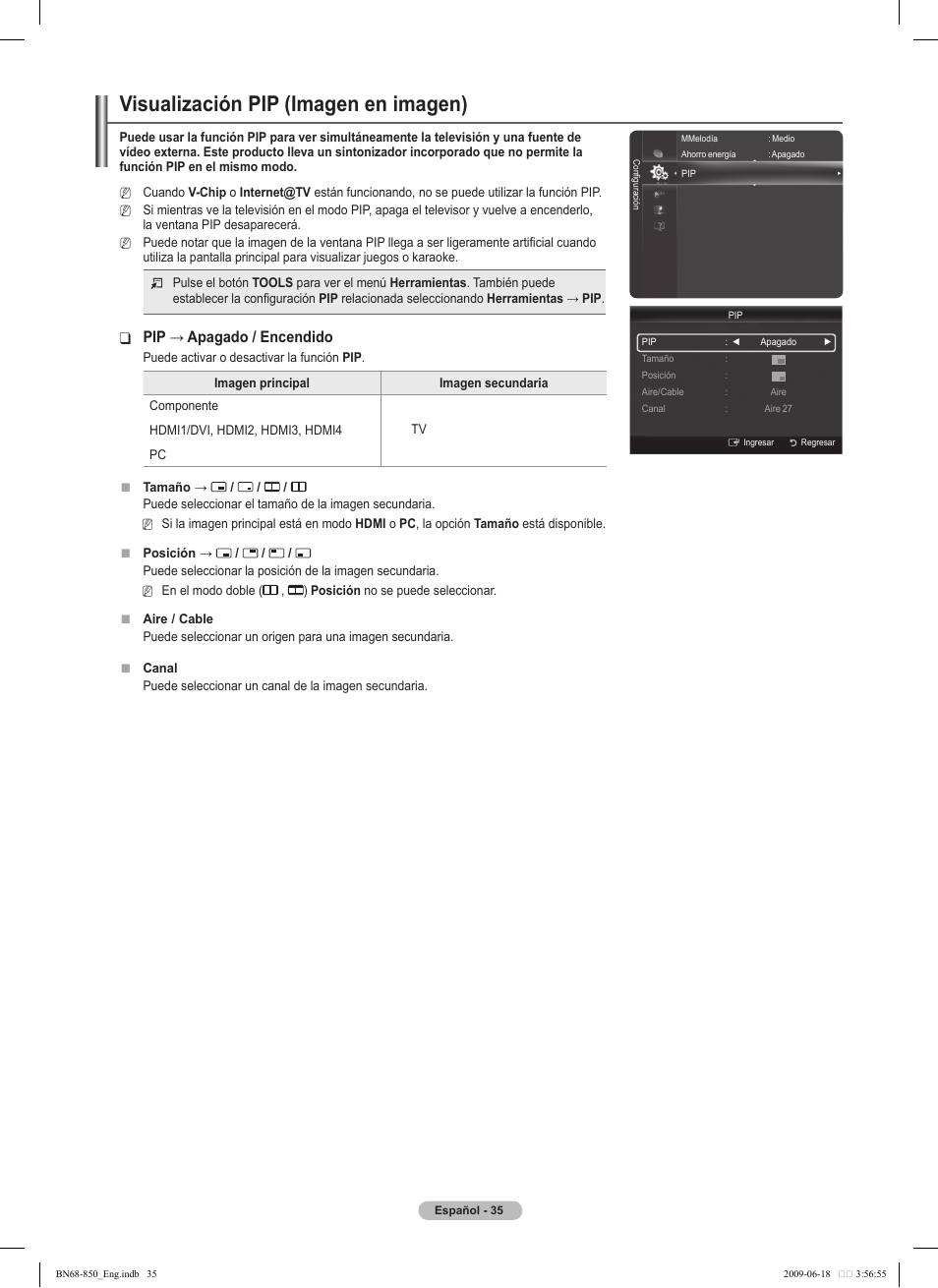 Visualización pip (imagen en imagen), Pip→apagado/encendido | Samsung PN50B860Y2FXZA User Manual | Page 135 / 284