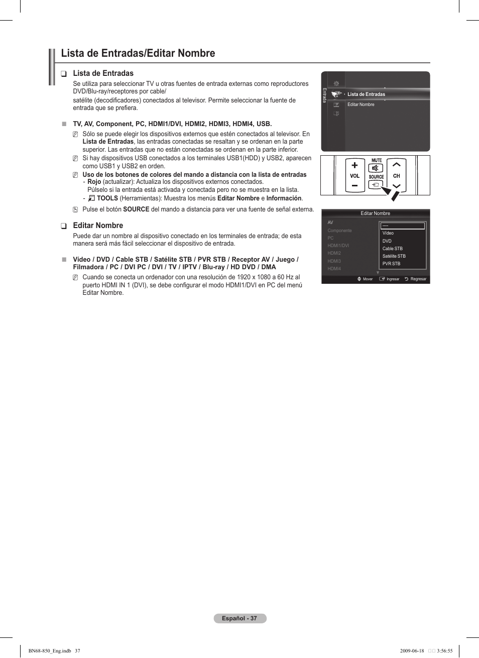 Lista de entradas/editar nombre, Lista de entradas, Editar nombre | Samsung PN50B860Y2FXZA User Manual | Page 137 / 284