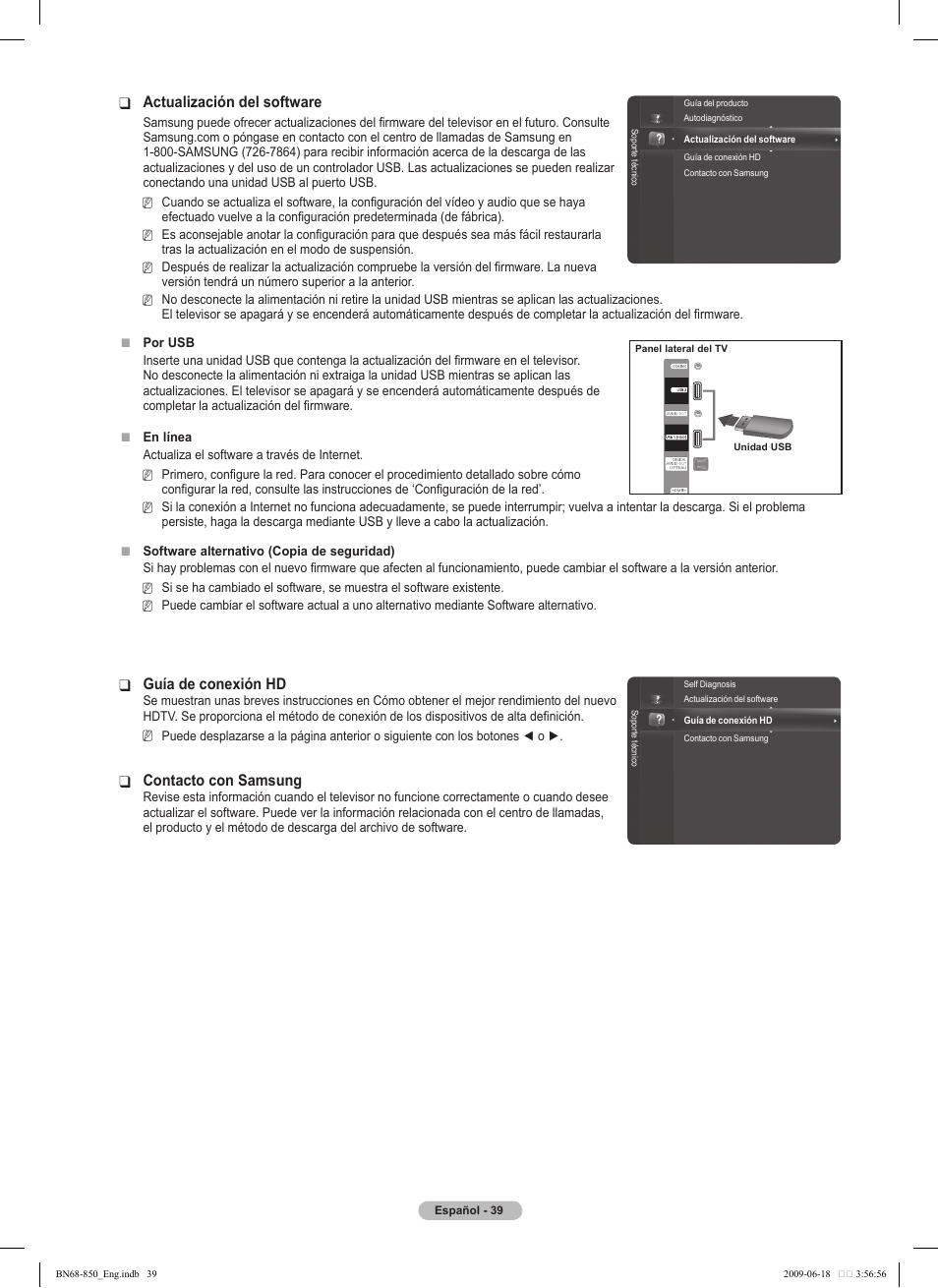 Actualización del software, Guía de conexión hd, Contacto con samsung | Samsung PN50B860Y2FXZA User Manual | Page 139 / 284