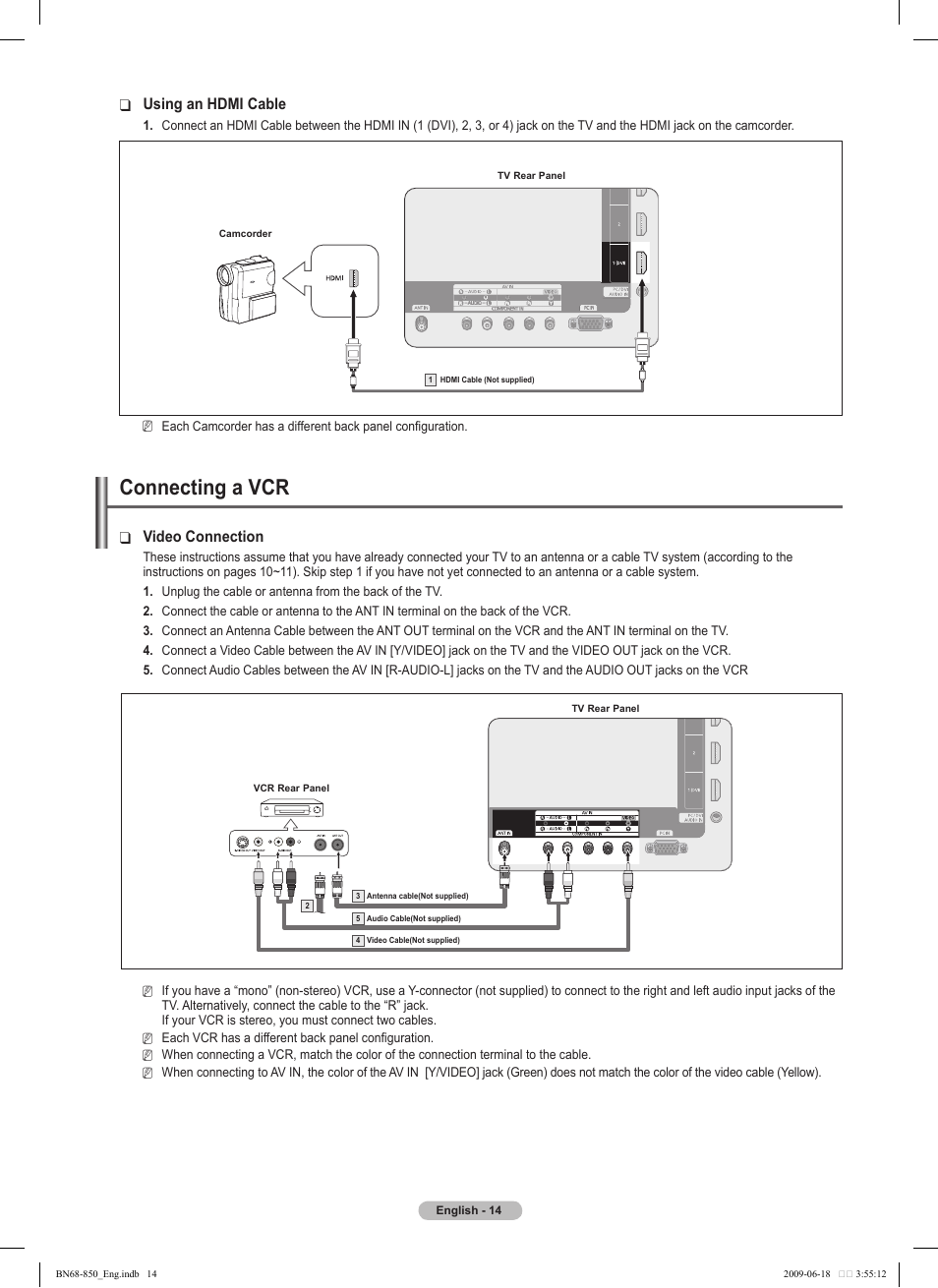 Connecting a vcr, Video connection, Using an hdmi cable | Samsung PN50B860Y2FXZA User Manual | Page 14 / 284