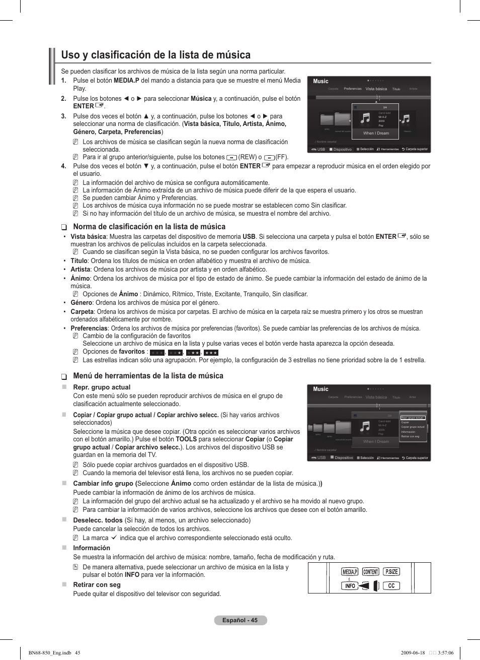 Uso y clasificación de la lista de música, Norma de clasificación en la lista de música, Menú de herramientas de la lista de música | Samsung PN50B860Y2FXZA User Manual | Page 145 / 284