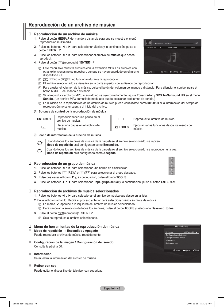 Reproducción de un archivo de música, Reproducción de un grupo de música, Reproducción de archivos de música seleccionados | Menú de herramientas de la reproducción de música | Samsung PN50B860Y2FXZA User Manual | Page 146 / 284