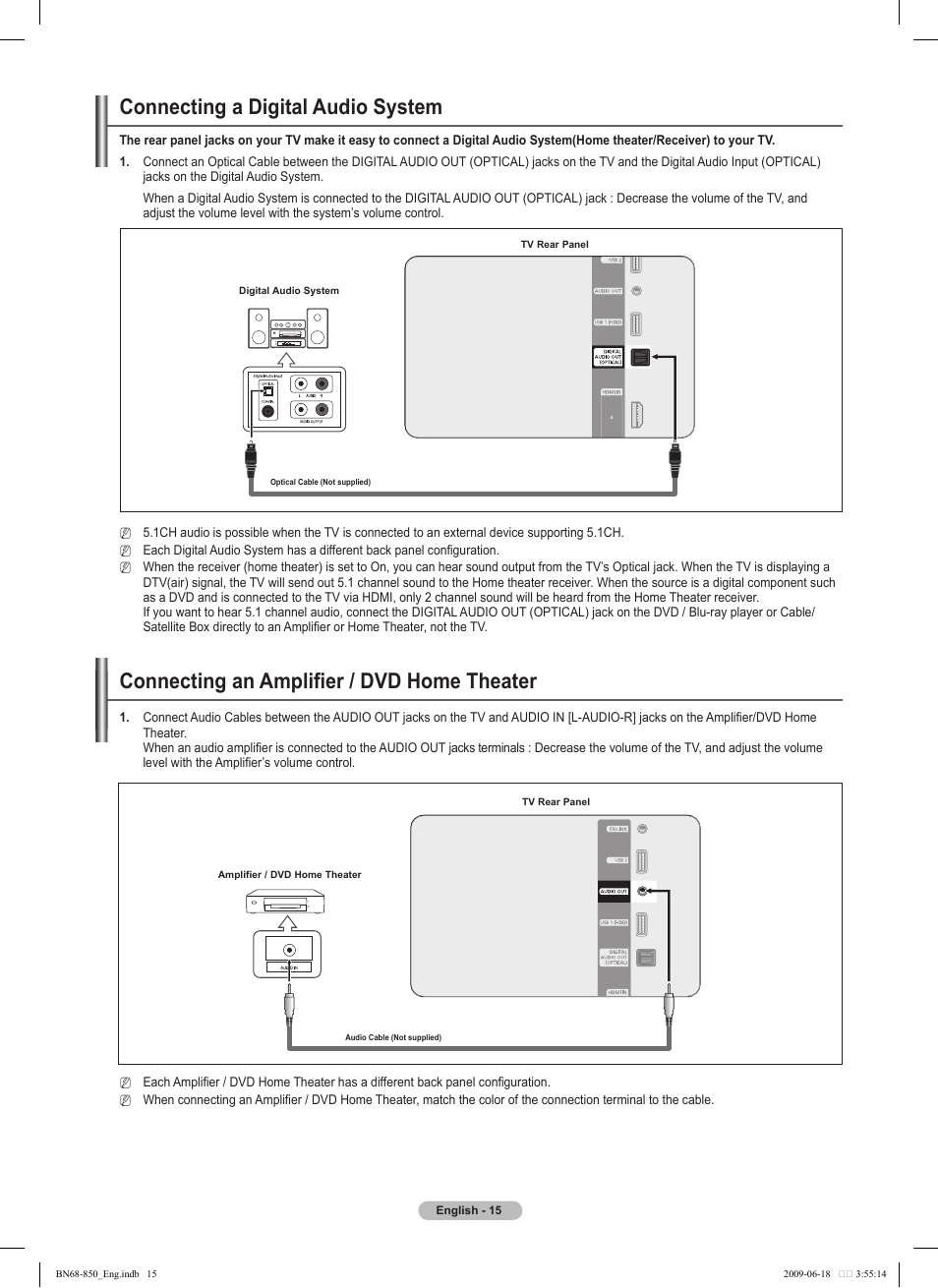 Connecting a digital audio system, Connecting an amplifier / dvd home theater | Samsung PN50B860Y2FXZA User Manual | Page 15 / 284