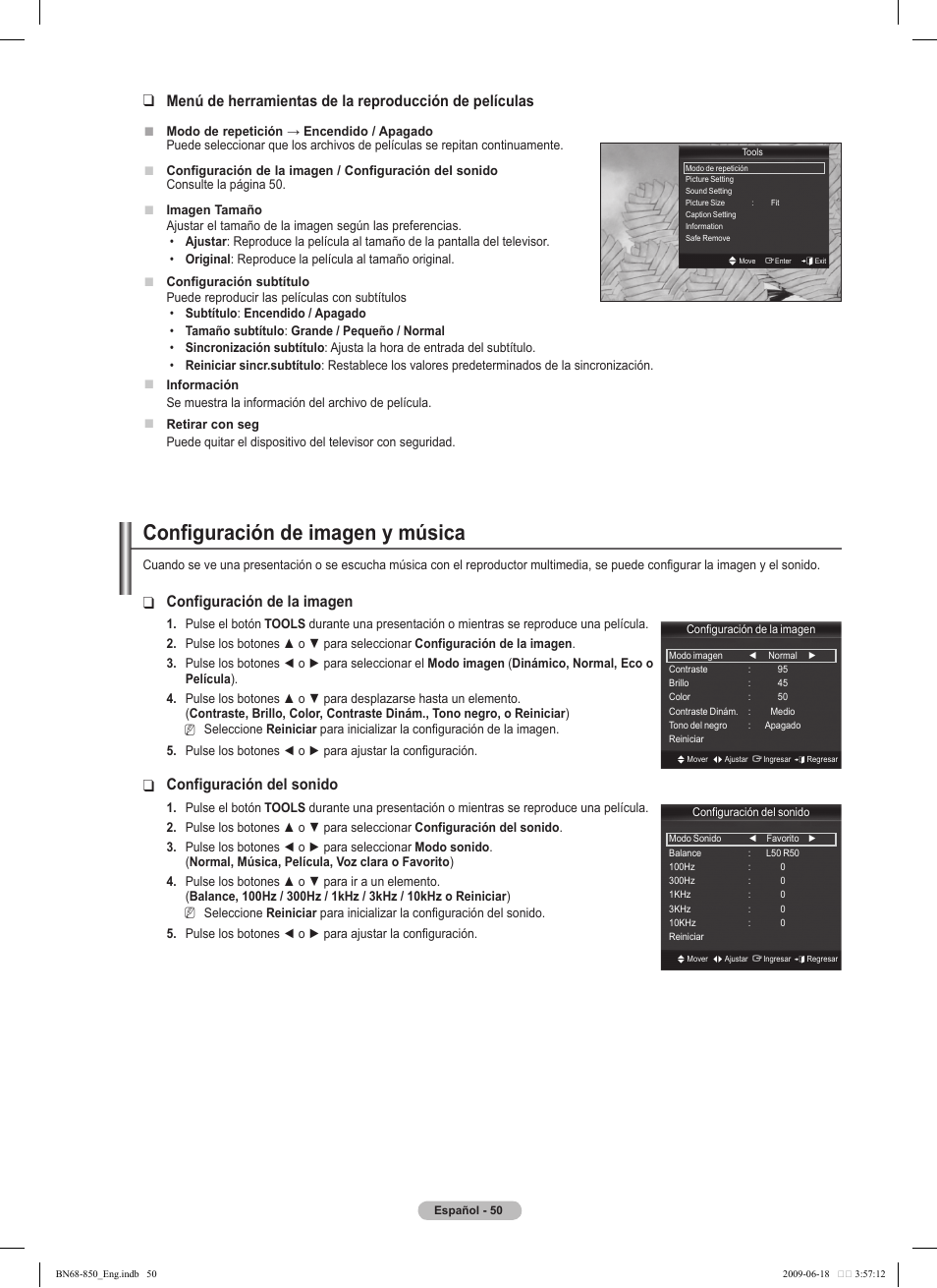 Configuración de imagen y música, Configuración de la imagen, Configuración del sonido | Samsung PN50B860Y2FXZA User Manual | Page 150 / 284