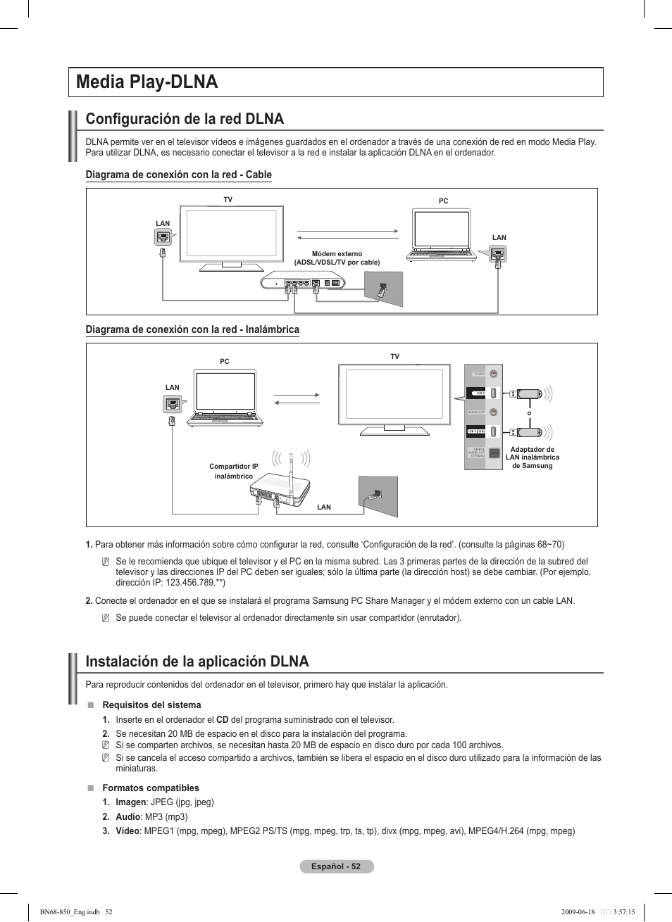 Media play-dlna, Configuración de la red dlna, Instalación de la aplicación dlna | Samsung PN50B860Y2FXZA User Manual | Page 152 / 284