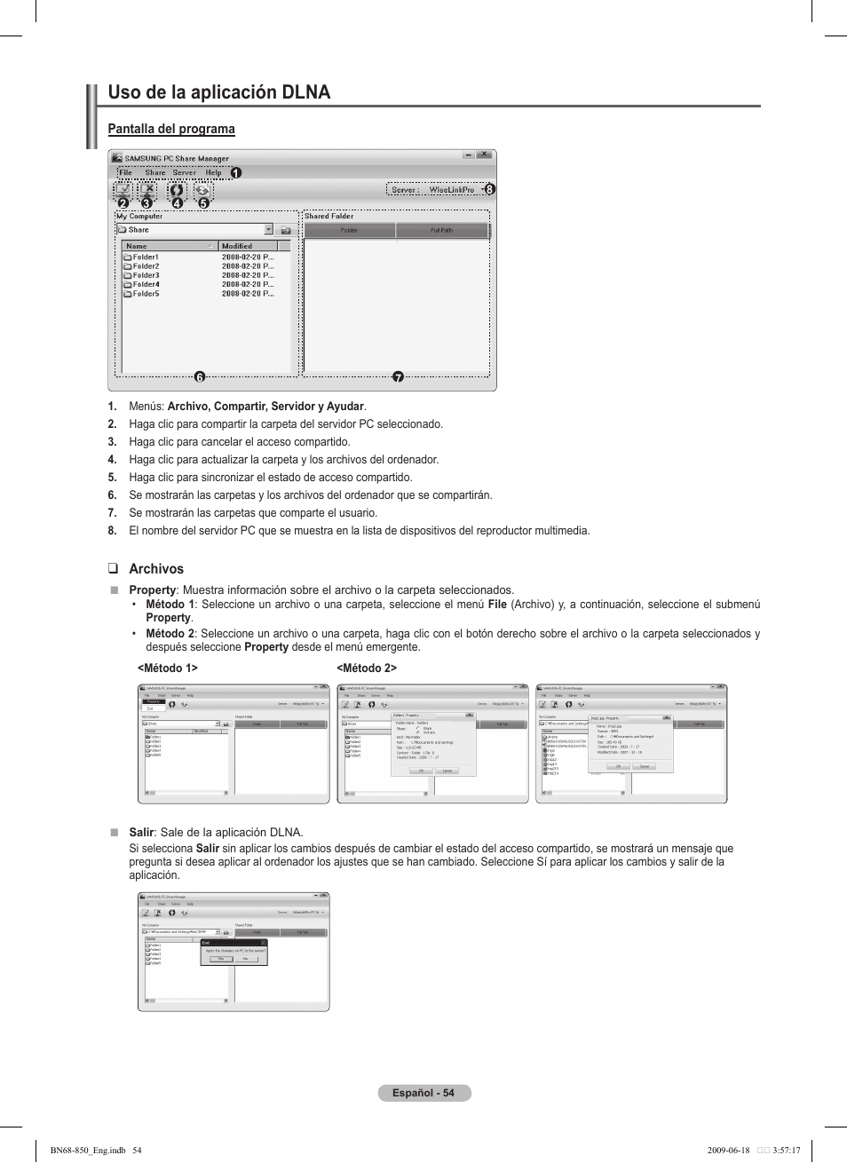 Uso de la aplicación dlna, Archivos, Pantalla del programa | Property, Salir | Samsung PN50B860Y2FXZA User Manual | Page 154 / 284