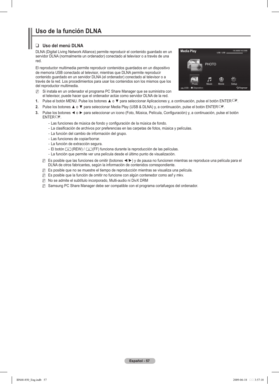 Uso de la función dlna, Uso del menú dlna | Samsung PN50B860Y2FXZA User Manual | Page 157 / 284