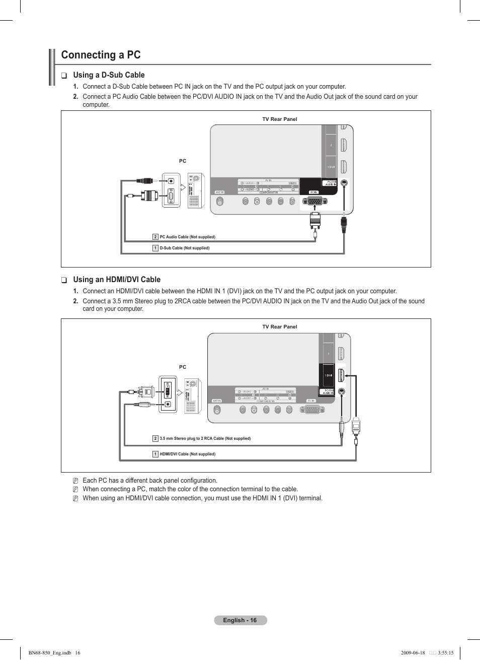 Connecting a pc, Using a d-sub cable, Using an hdmi/dvi cable | Samsung PN50B860Y2FXZA User Manual | Page 16 / 284