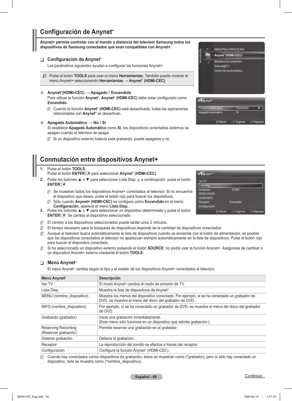 Configuración de anynet, Conmutación entre dispositivos anynet, Menú anynet | Continúa | Samsung PN50B860Y2FXZA User Manual | Page 160 / 284