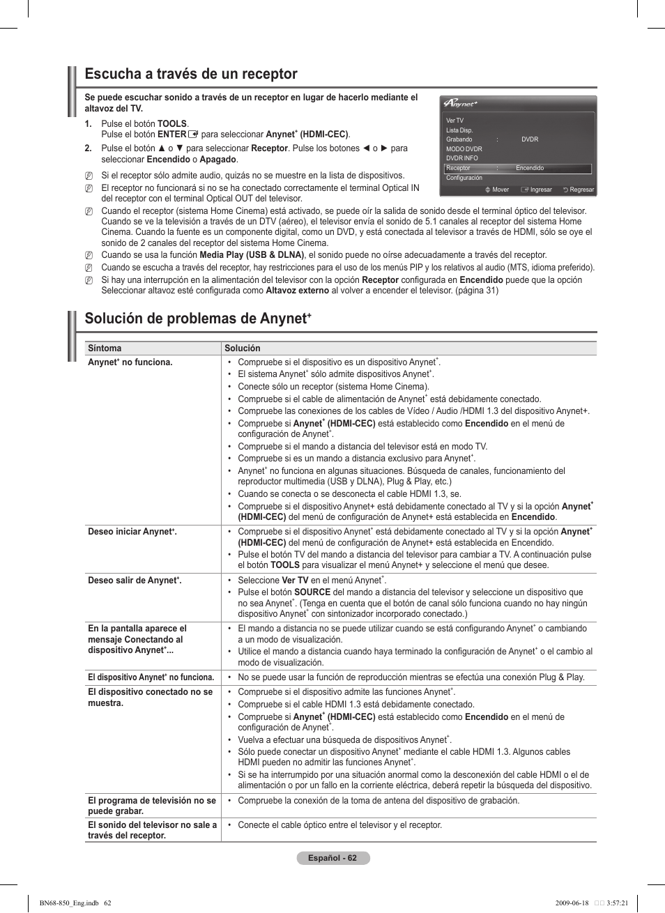 Escucha a través de un receptor, Solución de problemas de anynet | Samsung PN50B860Y2FXZA User Manual | Page 162 / 284