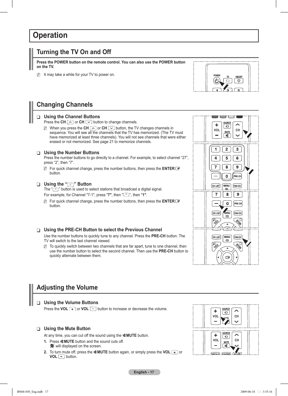 Operation, Turning the tv on and off, Changing channels | Adjusting the volume | Samsung PN50B860Y2FXZA User Manual | Page 17 / 284