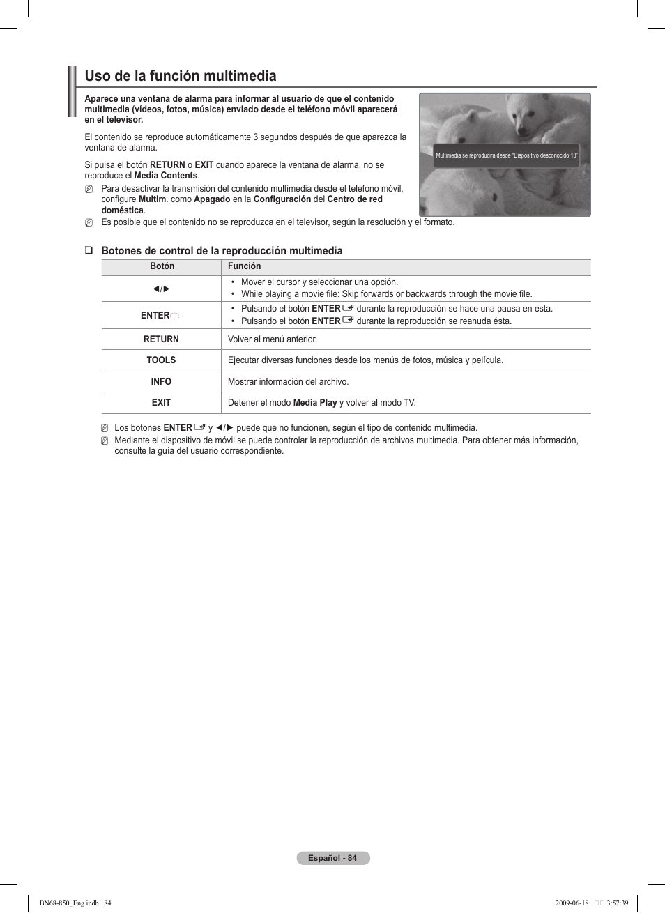 Uso de la función multimedia | Samsung PN50B860Y2FXZA User Manual | Page 184 / 284