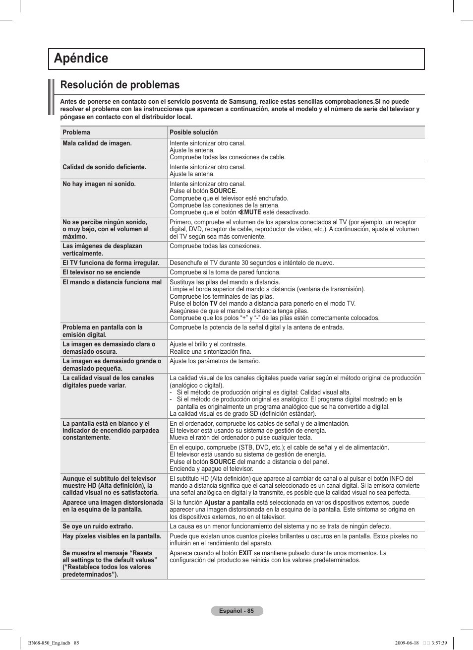 Apéndice, Resolución de problemas | Samsung PN50B860Y2FXZA User Manual | Page 185 / 284