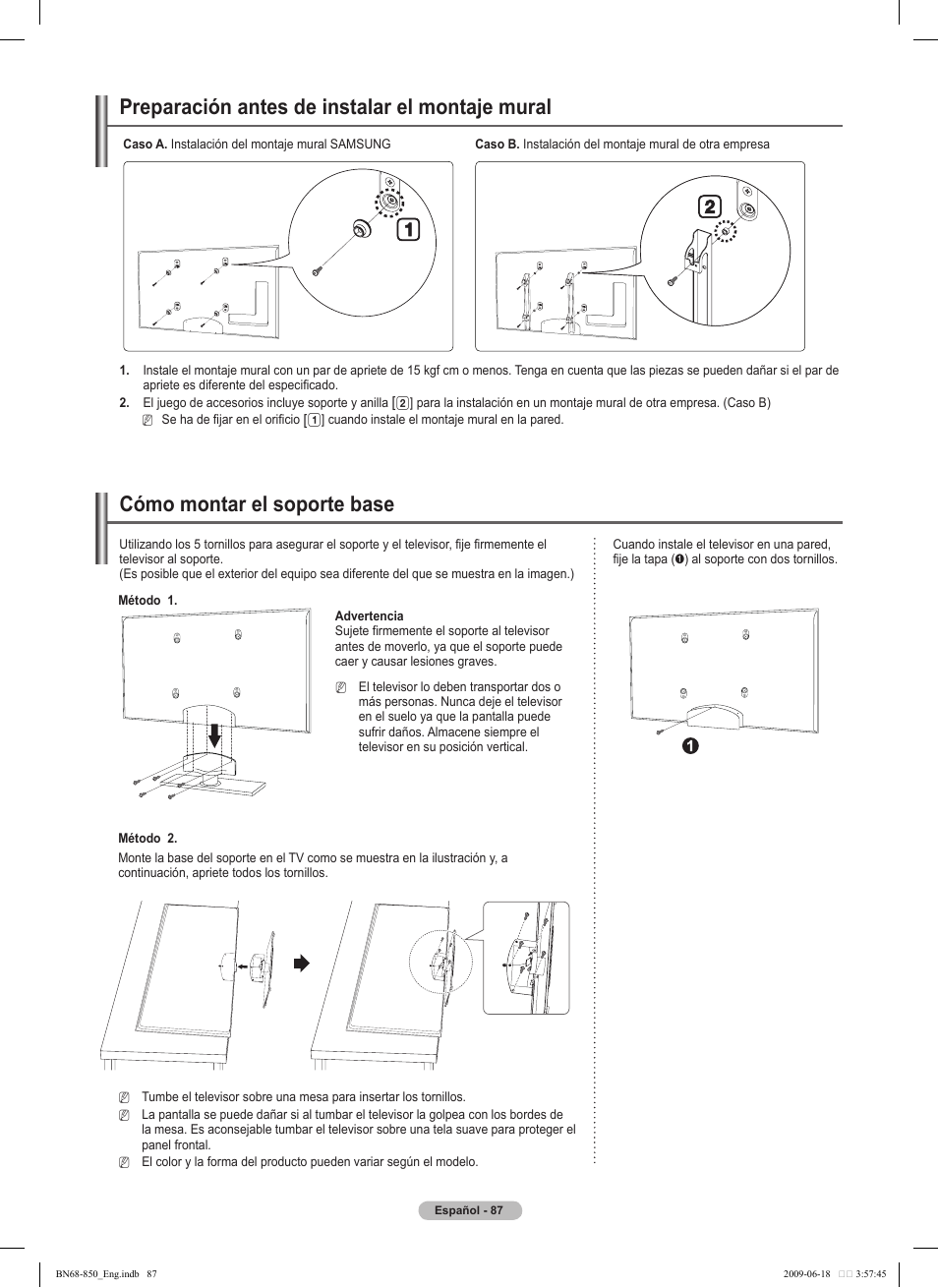 Preparación antes de instalar el montaje mural, Cómo montar el soporte base | Samsung PN50B860Y2FXZA User Manual | Page 187 / 284