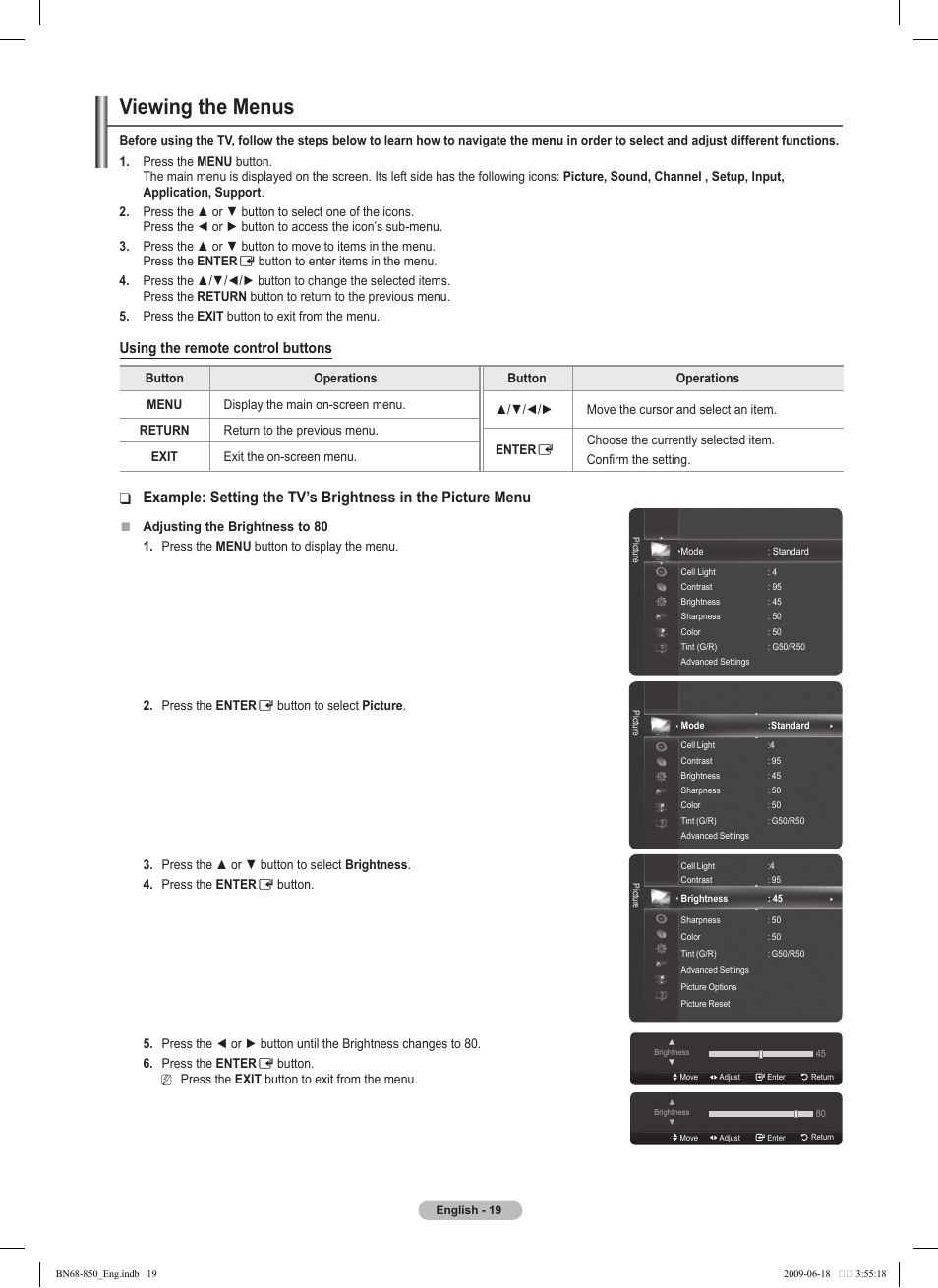 Viewing the menus, Using the remote control buttons | Samsung PN50B860Y2FXZA User Manual | Page 19 / 284