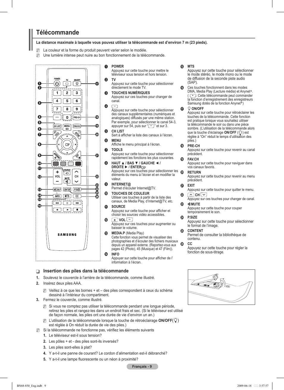 Télécommande, Insertion des piles dans la télécommande | Samsung PN50B860Y2FXZA User Manual | Page 201 / 284