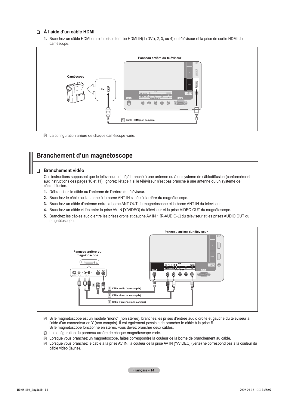 Branchement d’un magnétoscope, Branchement vidéo, À l’aide d’un câble hdmi | Samsung PN50B860Y2FXZA User Manual | Page 206 / 284