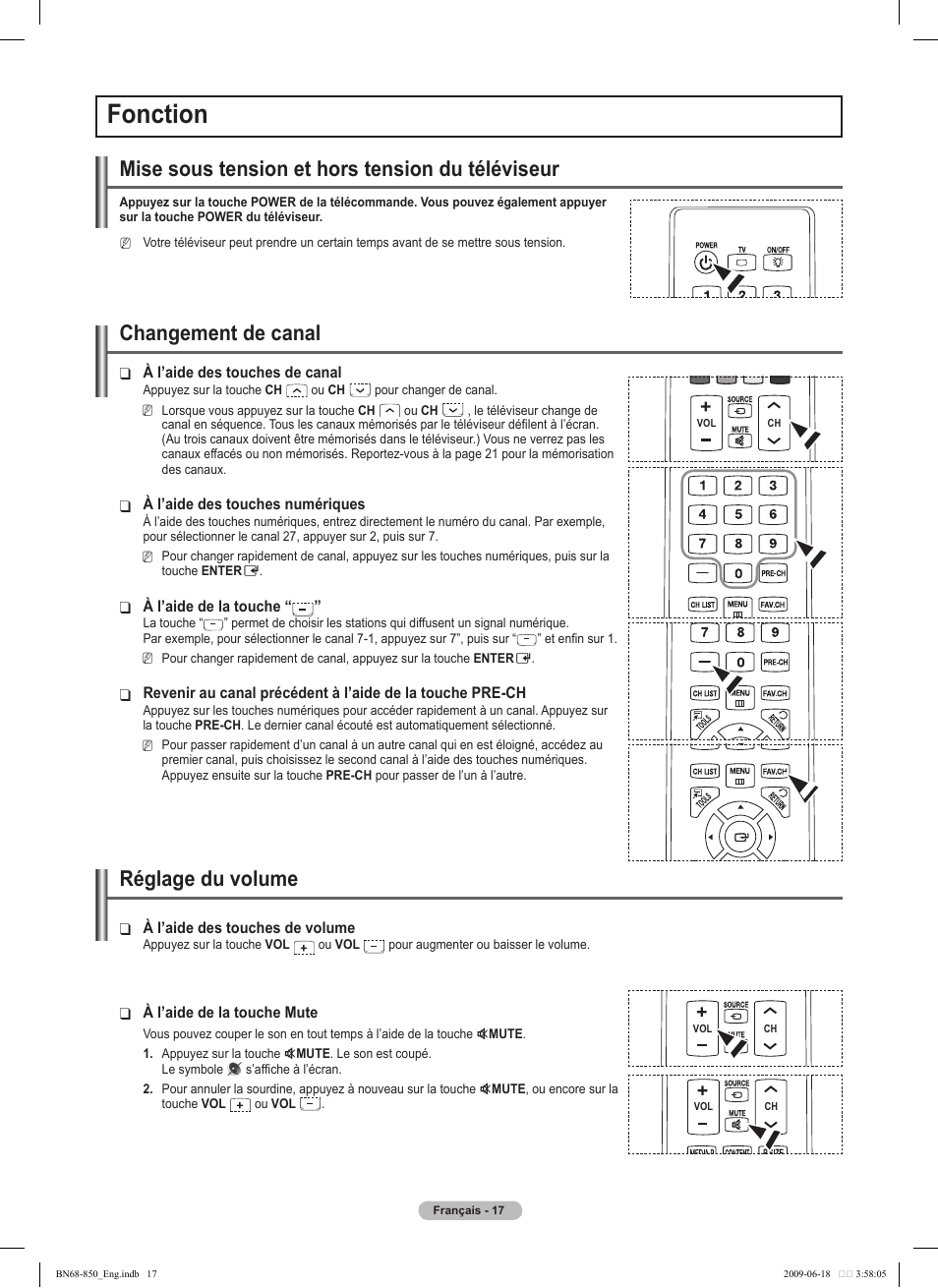 Fonction, Mise sous tension et hors tension du téléviseur, Changement de canal | Réglage du volume | Samsung PN50B860Y2FXZA User Manual | Page 209 / 284