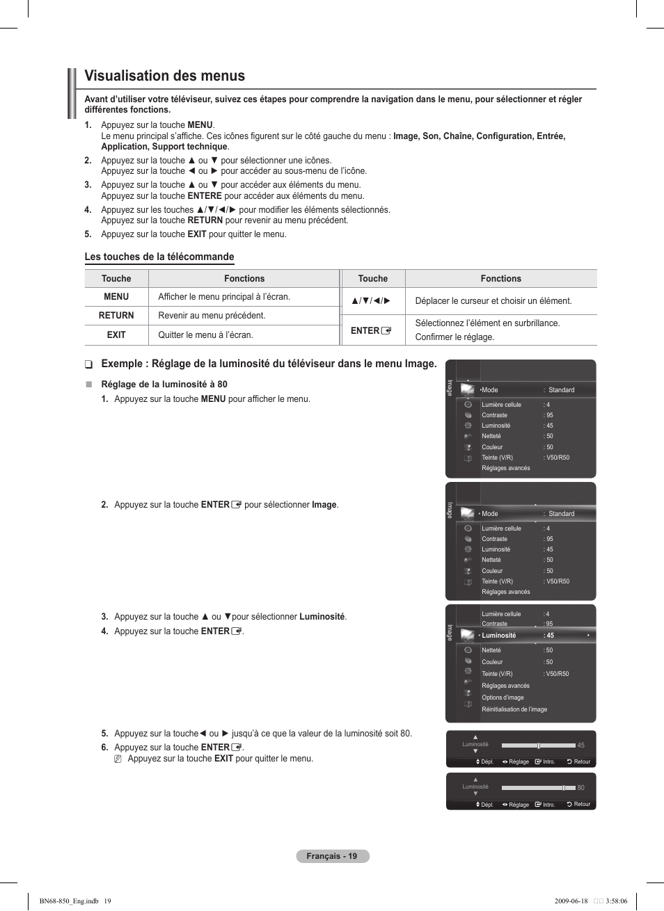 Visualisation des menus, Les touches de la télécommande | Samsung PN50B860Y2FXZA User Manual | Page 211 / 284