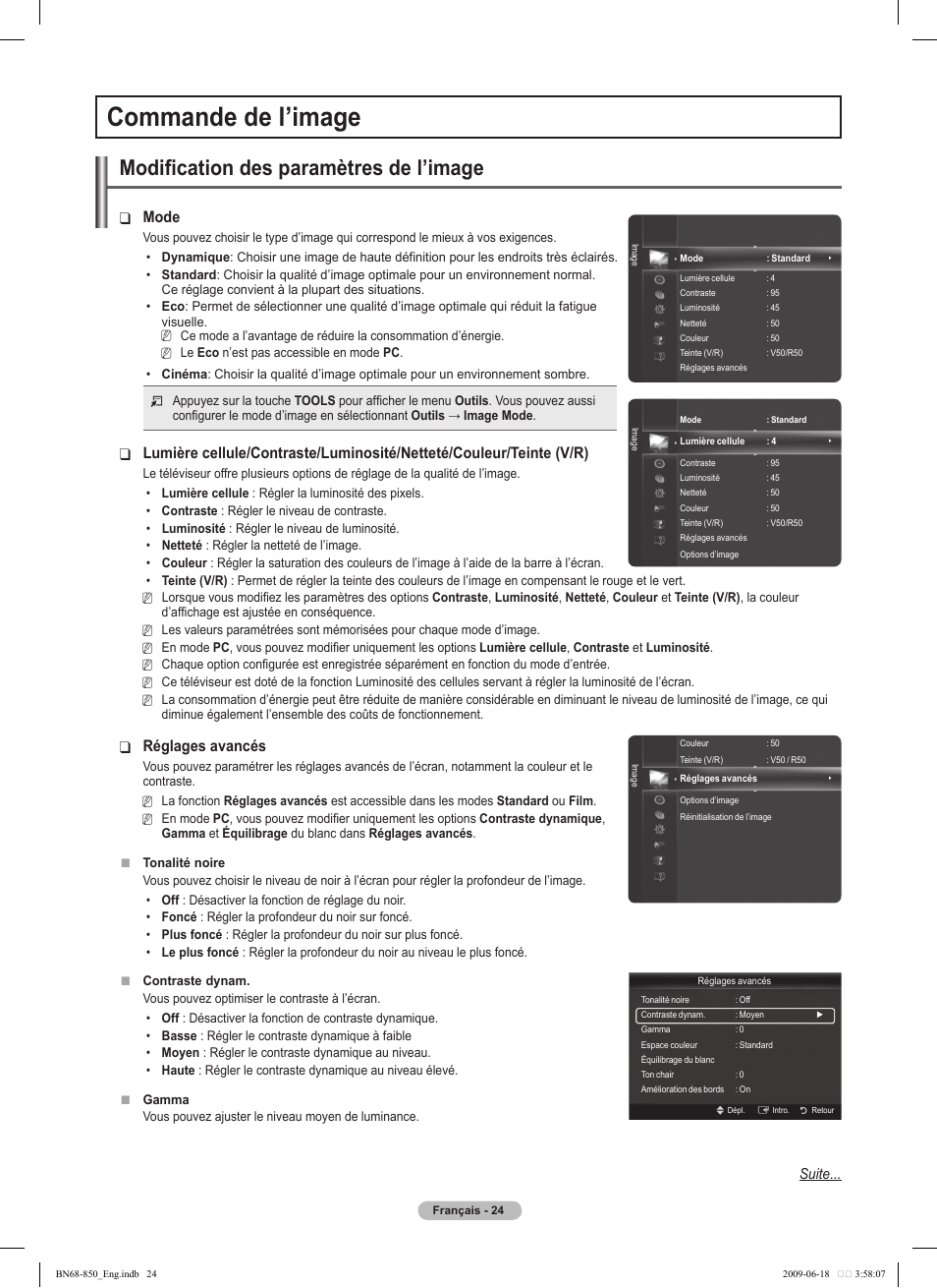 Commande de l’image, Modification des paramètres de l’image, Mode | Réglages avancés, Suite | Samsung PN50B860Y2FXZA User Manual | Page 216 / 284