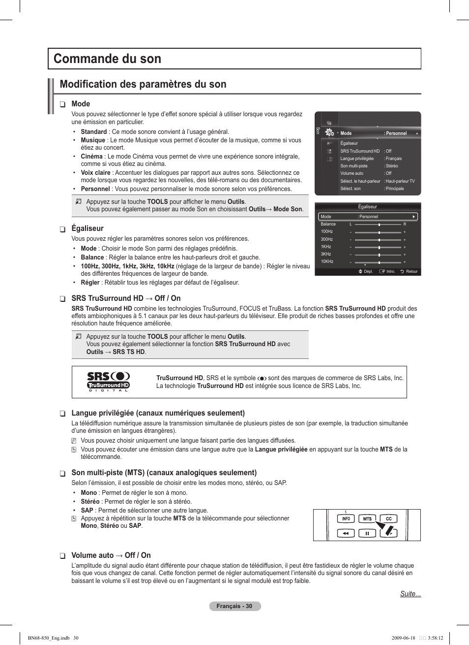 Commande du son, Modification des paramètres du son, Mode | Égaliseur, Srstrusurroundhd→off/on, Langue privilégiée (canaux numériques seulement), Volumeauto→off/on | Samsung PN50B860Y2FXZA User Manual | Page 222 / 284