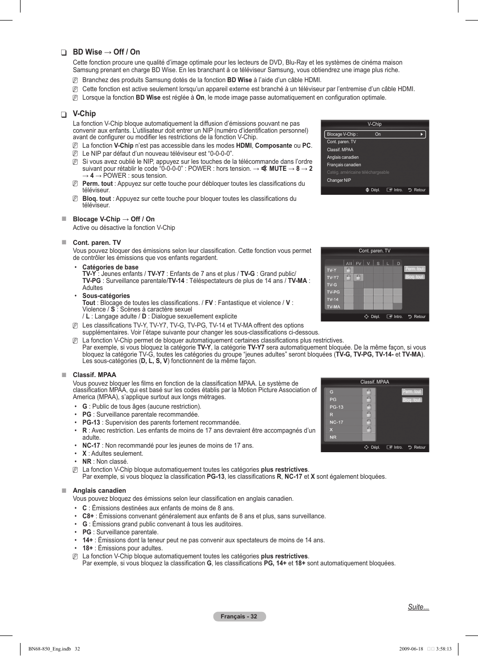 Bdwise→off/on, V-chip | Samsung PN50B860Y2FXZA User Manual | Page 224 / 284