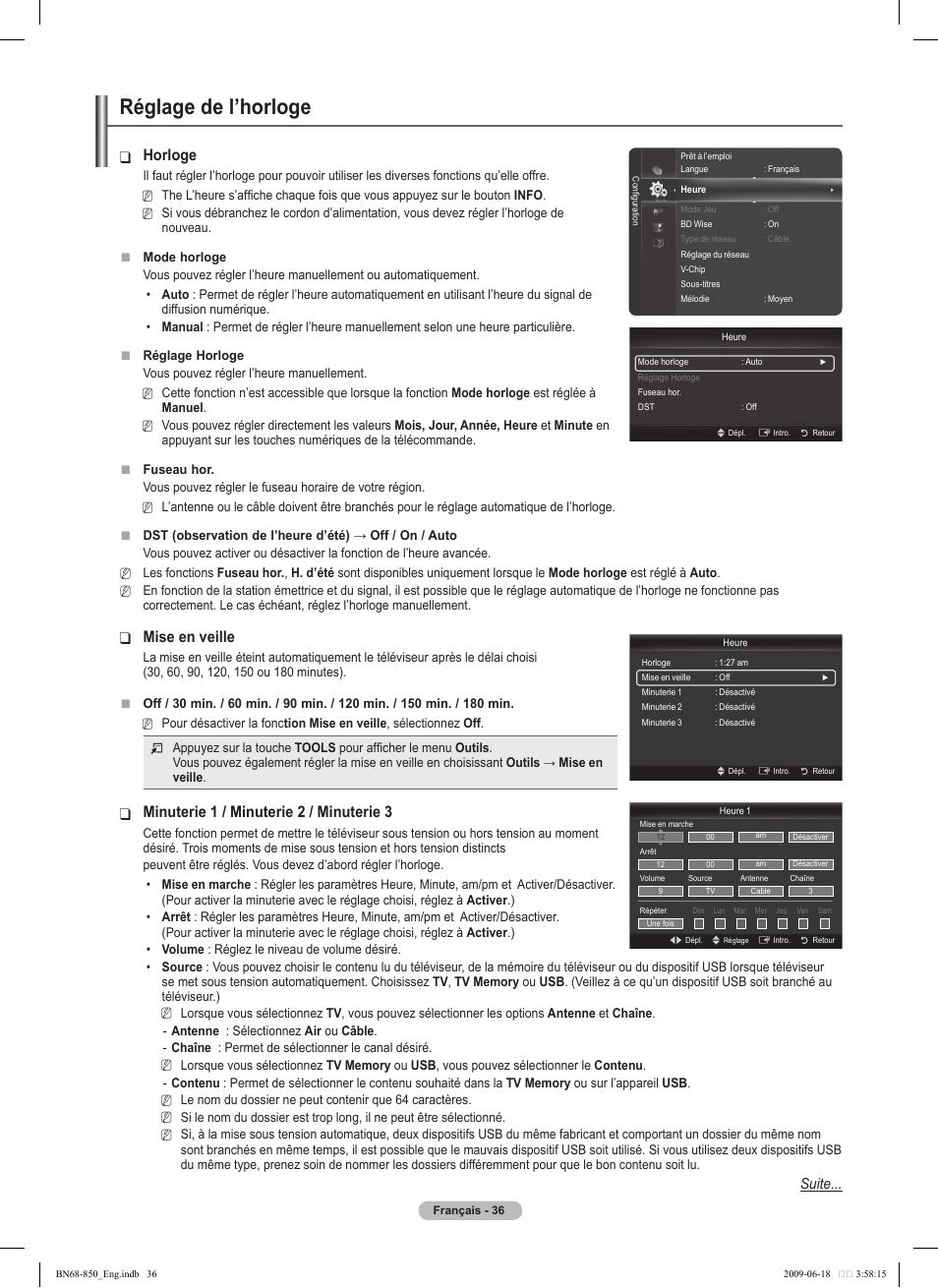 Réglage de l’horloge, Horloge, Mise en veille | Minuterie 1 / minuterie 2 / minuterie 3, Suite | Samsung PN50B860Y2FXZA User Manual | Page 228 / 284