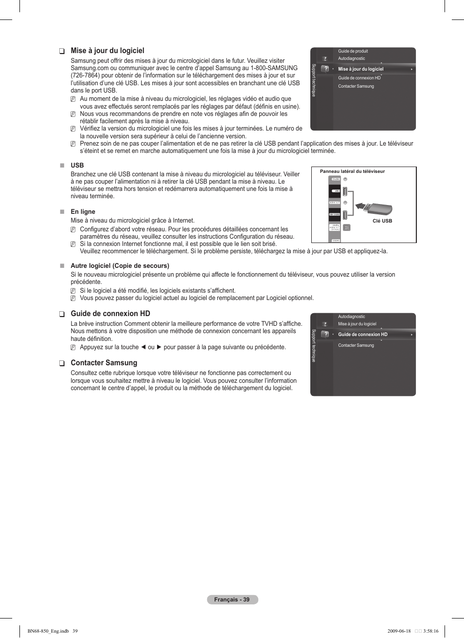 Mise à jour du logiciel, Guide de connexion hd, Contacter samsung | Samsung PN50B860Y2FXZA User Manual | Page 231 / 284