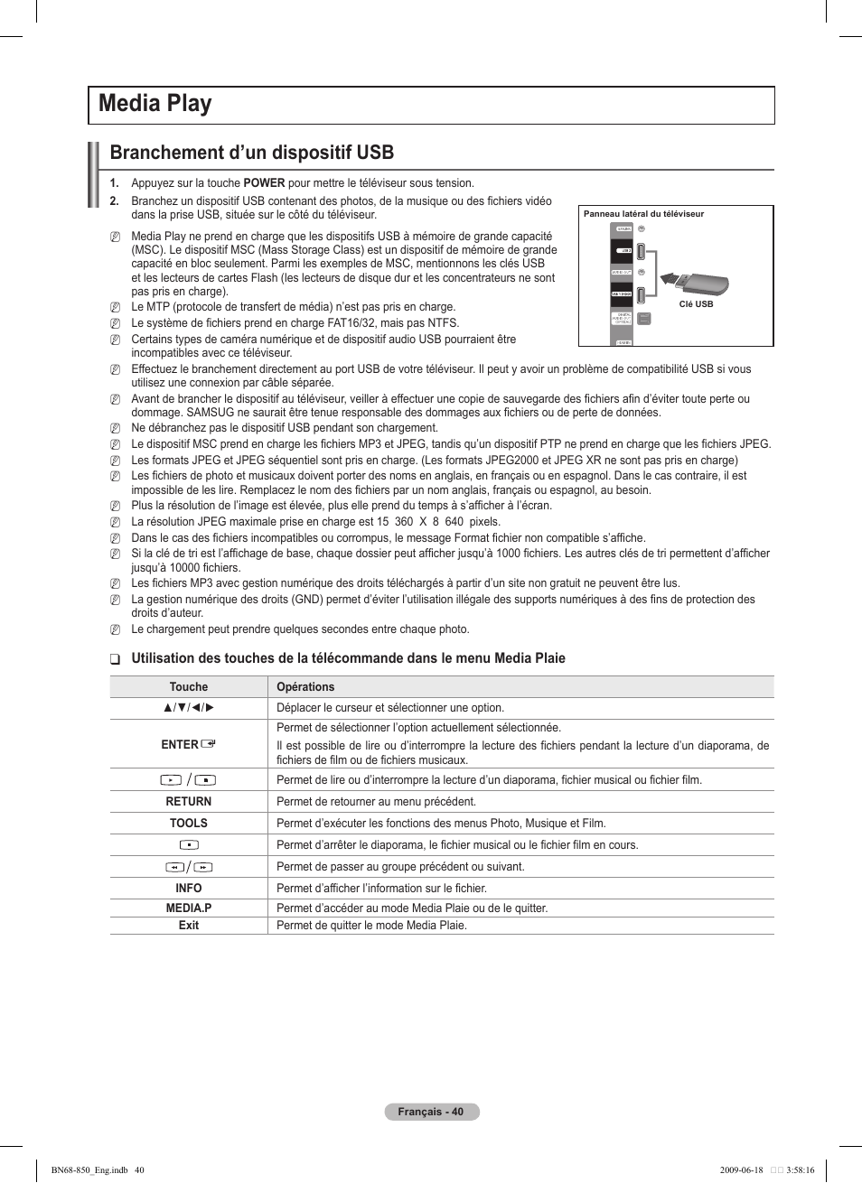 Media play, Branchement d’un dispositif usb | Samsung PN50B860Y2FXZA User Manual | Page 232 / 284