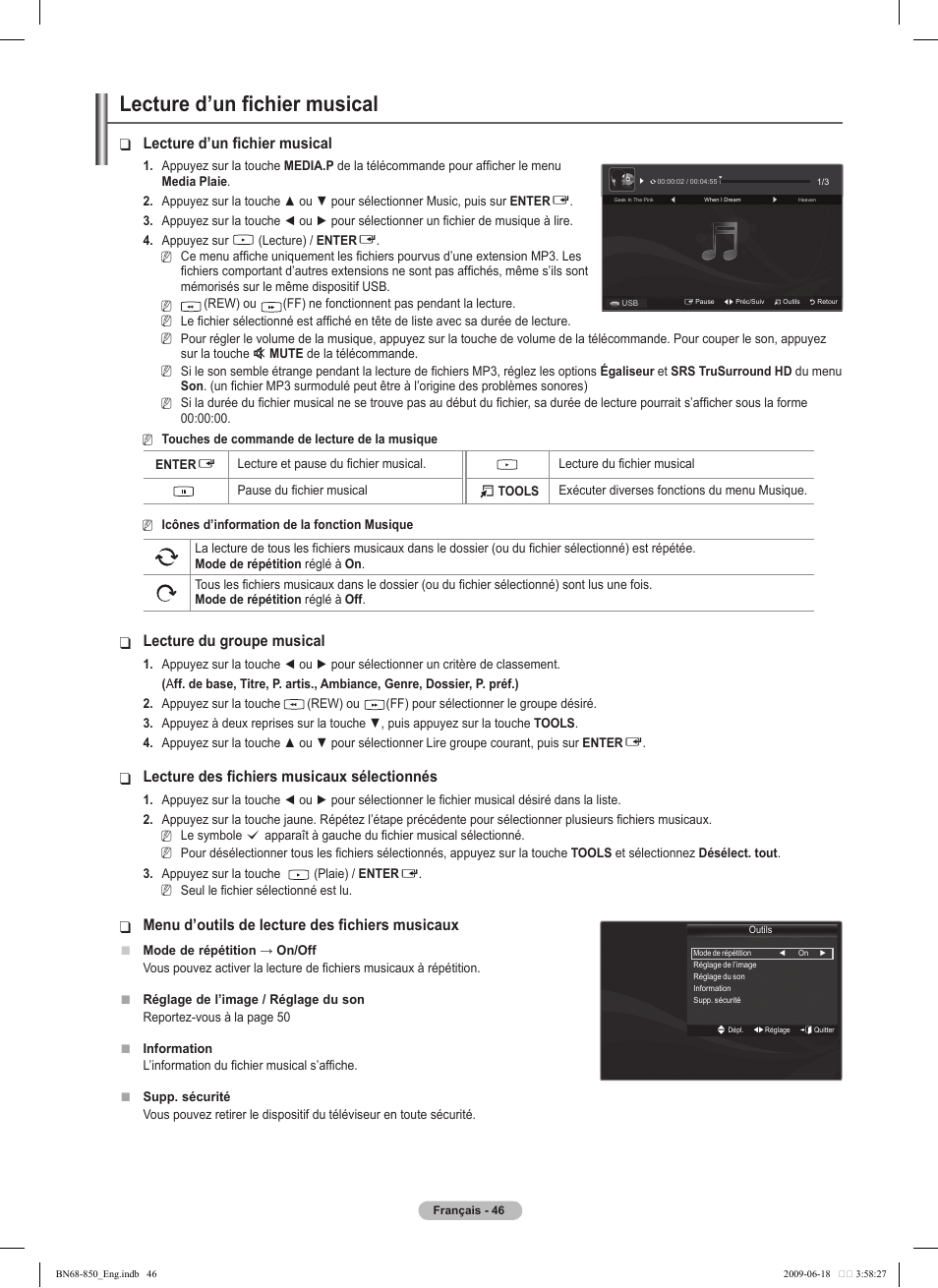 Lecture d’un fichier musical, Lecture du groupe musical, Lecture des fichiers musicaux sélectionnés | Menu d’outils de lecture des fichiers musicaux | Samsung PN50B860Y2FXZA User Manual | Page 238 / 284