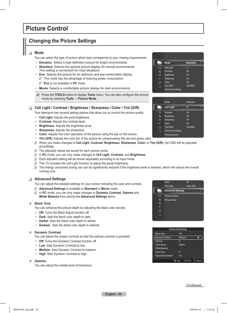 Picture control, Changing the picture settings, Mode | Advanced settings | Samsung PN50B860Y2FXZA User Manual | Page 24 / 284