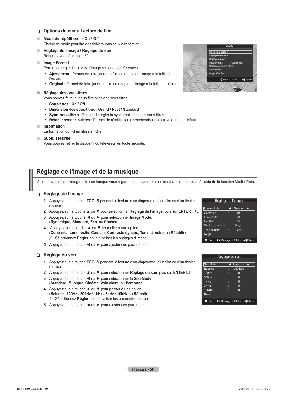 Réglage de l’image et de la musique, Options du menu lecture de film, Réglage de l’image | Réglage du son | Samsung PN50B860Y2FXZA User Manual | Page 242 / 284