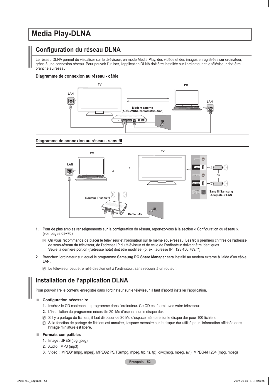 Media play-dlna, Configuration du réseau dlna, Installation de l’application dlna | Samsung PN50B860Y2FXZA User Manual | Page 244 / 284