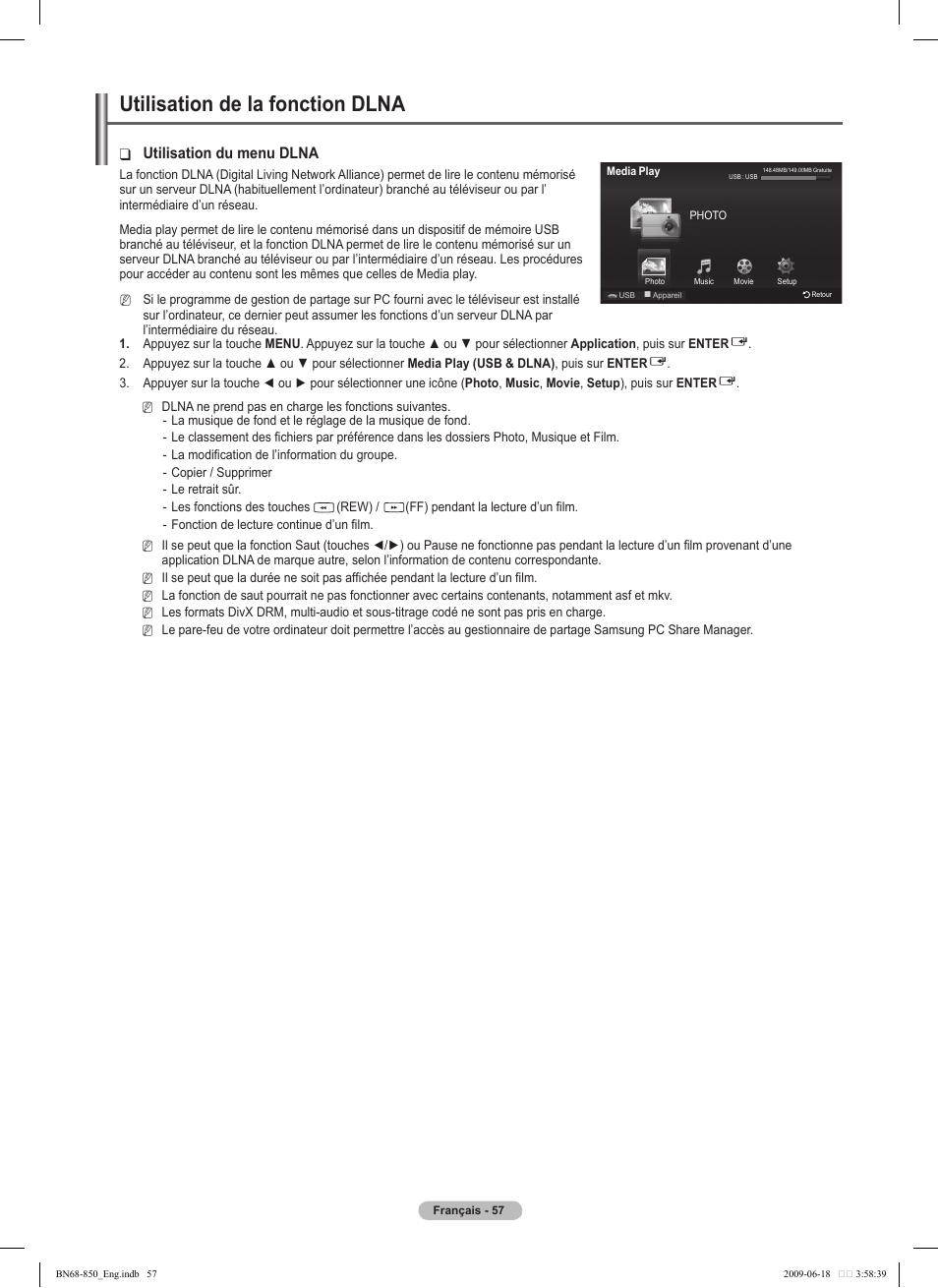 Utilisation de la fonction dlna, Utilisation du menu dlna | Samsung PN50B860Y2FXZA User Manual | Page 249 / 284