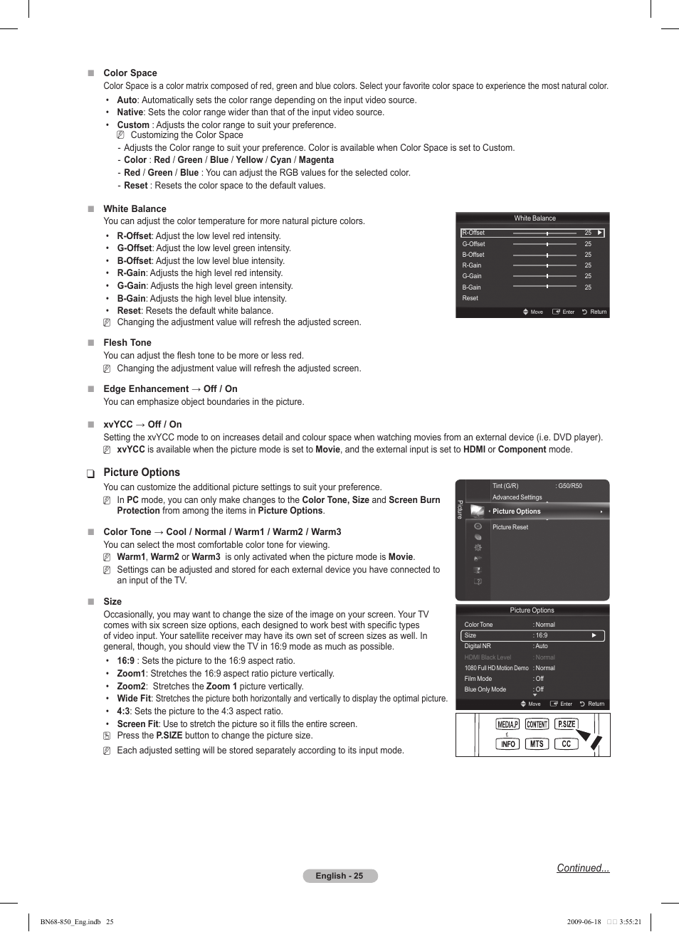 Picture options, Continued | Samsung PN50B860Y2FXZA User Manual | Page 25 / 284